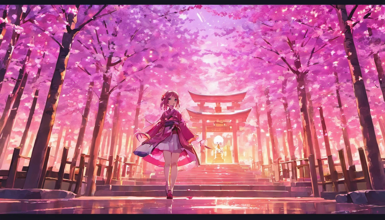 (Masterpiece) Purple and pink light effects, Japanese Shrine, cherry trees,, Yae Miko, 4k, 5k,