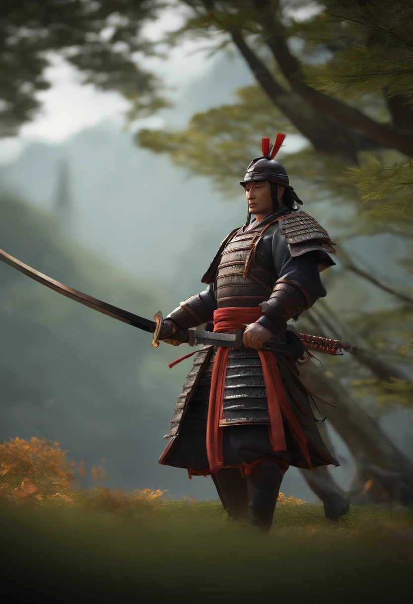 Samurai,japanese samurai, Hold the sword,Generals and troops,animation character, Stylized characters, animation style render, Stylized 3D, Arnold Maya Lender, 3D rendering stylized, toon render keyshot, 3dcharacter, 3dcharacter, 3D rendering stylized, 3 d character render, comic book character, close up character, Character Pose,  (pixer style) (Master Parts:1.2) (Bokeh) (Best Quality) (detailedskin) (Detailed texture) (8K) (clay) (Cinematic lighting) (foco nítido