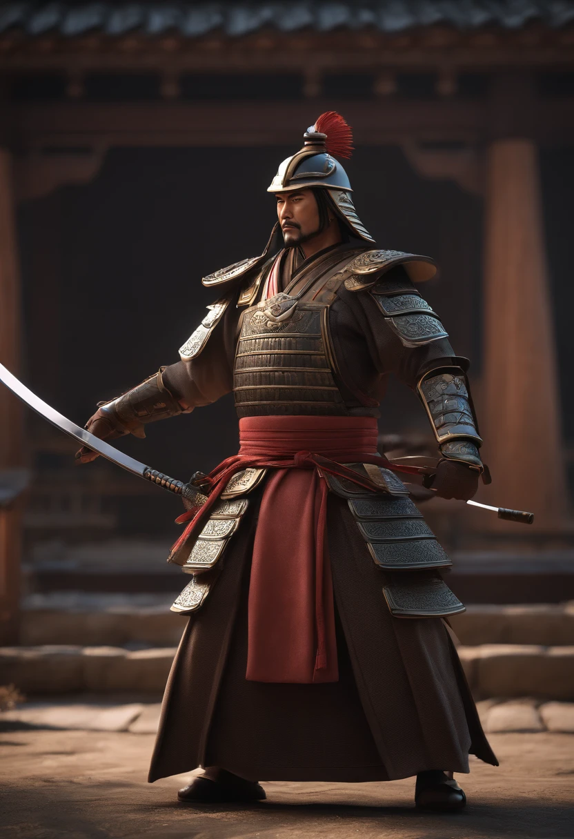 Samurai,japanese samurai, Hold the sword,Generals and troops,animation character, Stylized characters, animation style render, Stylized 3D, Arnold Maya Lender, 3D rendering stylized, toon render keyshot, 3dcharacter, 3dcharacter, 3D rendering stylized, 3 d character render, comic book character, close up character, Character Pose, (pixer style) (Master Parts:1.2) (Bokeh) (Best Quality) (detailedskin) (Detailed texture) (8K) (clay) (Cinematic lighting) (foco nítido