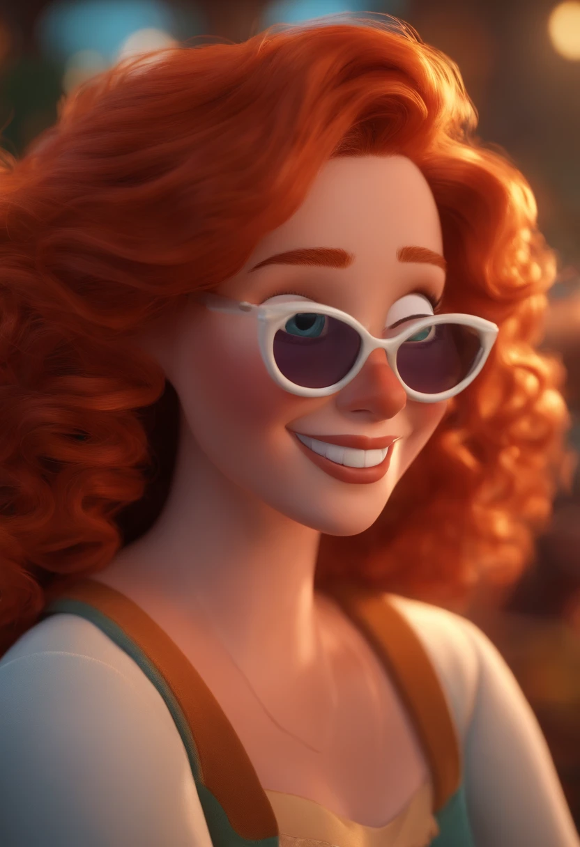 Pixar style image with 3D character white glasses redhead woman long curly hair, com sardas, Dancing, Maquiagem Disney,Pescador, adolable, sorridente ,Close-up, Pixar, Disney, Cinema lighting,