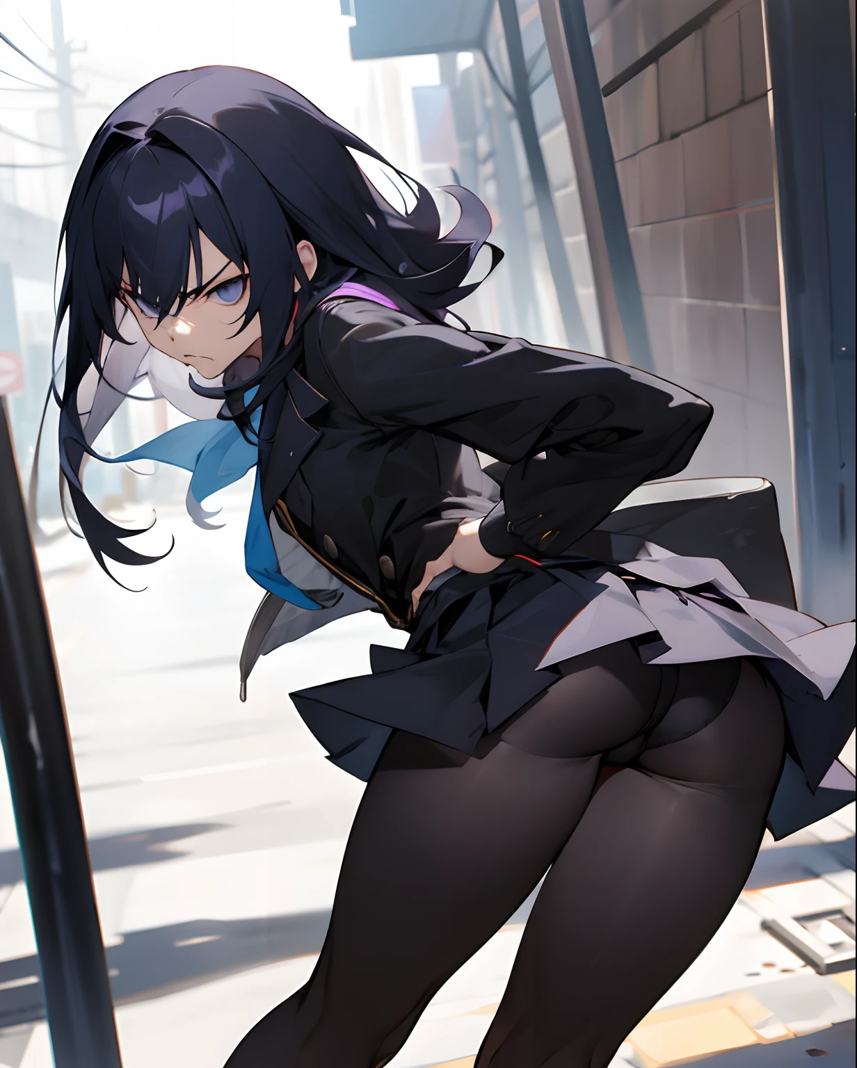 scowling、Open crotch、Black tights on her thighs that are about to tear、a miniskirt、Back alleys where you can see your chest、4k画质