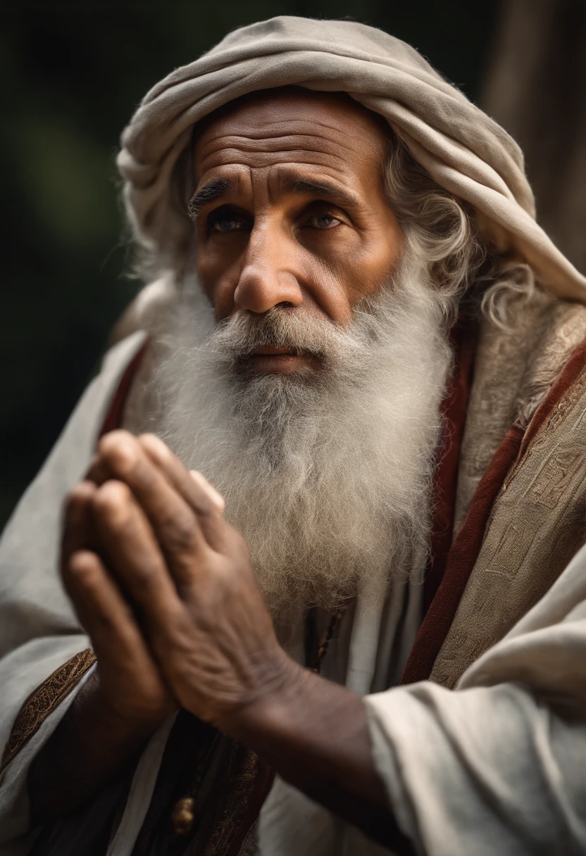 Arafed man sitting praying with hands begging a prayer, longa barba, moses, Wise old man, holy man looking up at the sky, biblical clothing, inspired by moses van Uyttenbroeck, Retrato, Obra-prima 4K, Obra-prima 4K, foto de retrato de pintura fosca