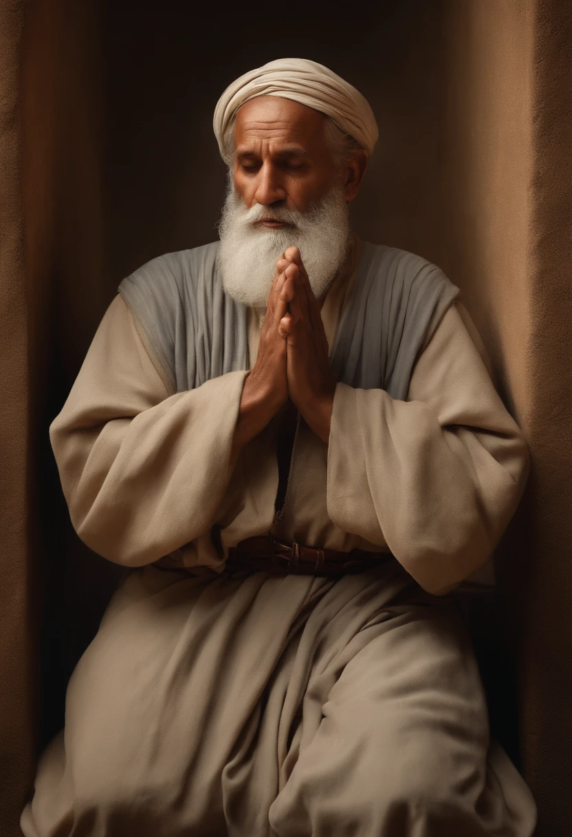 Arafed man sitting praying with hands begging a prayer, longa barba, moses, Wise old man, holy man looking up at the sky, biblical clothing, inspired by moses van Uyttenbroeck, Retrato, Obra-prima 4K, Obra-prima 4K, foto de retrato de pintura fosca