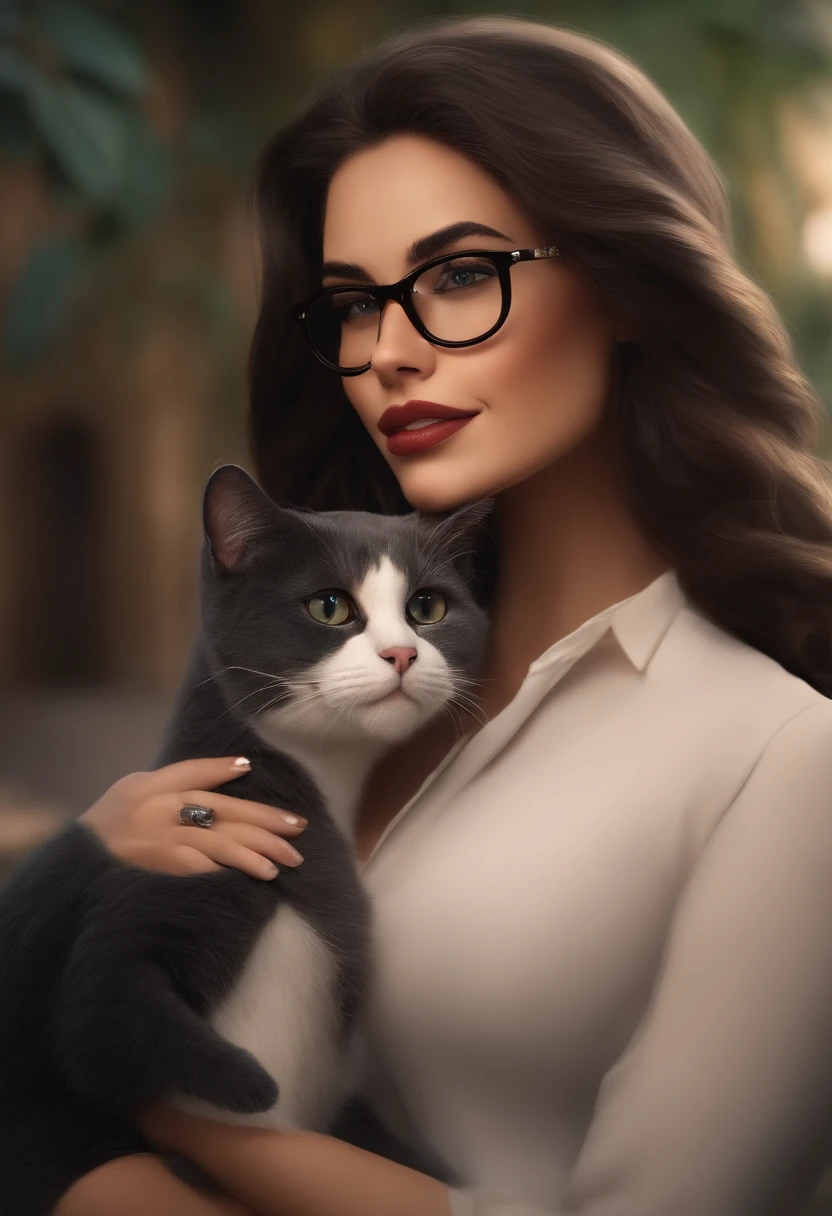 Disney Pixar. Lesbian couple with a black cat, um gato laranja, uma gatinha cinza e um gato branco com asas. The white woman with long black hair and round glasses, olhos pequenos, thick lips, usa camisa com ET estampado. The other brunette woman with long dark hair wears cat-eye glasses, nariz pequeno, Thick lips and beautiful smile, usa quimono florido e blusa preta