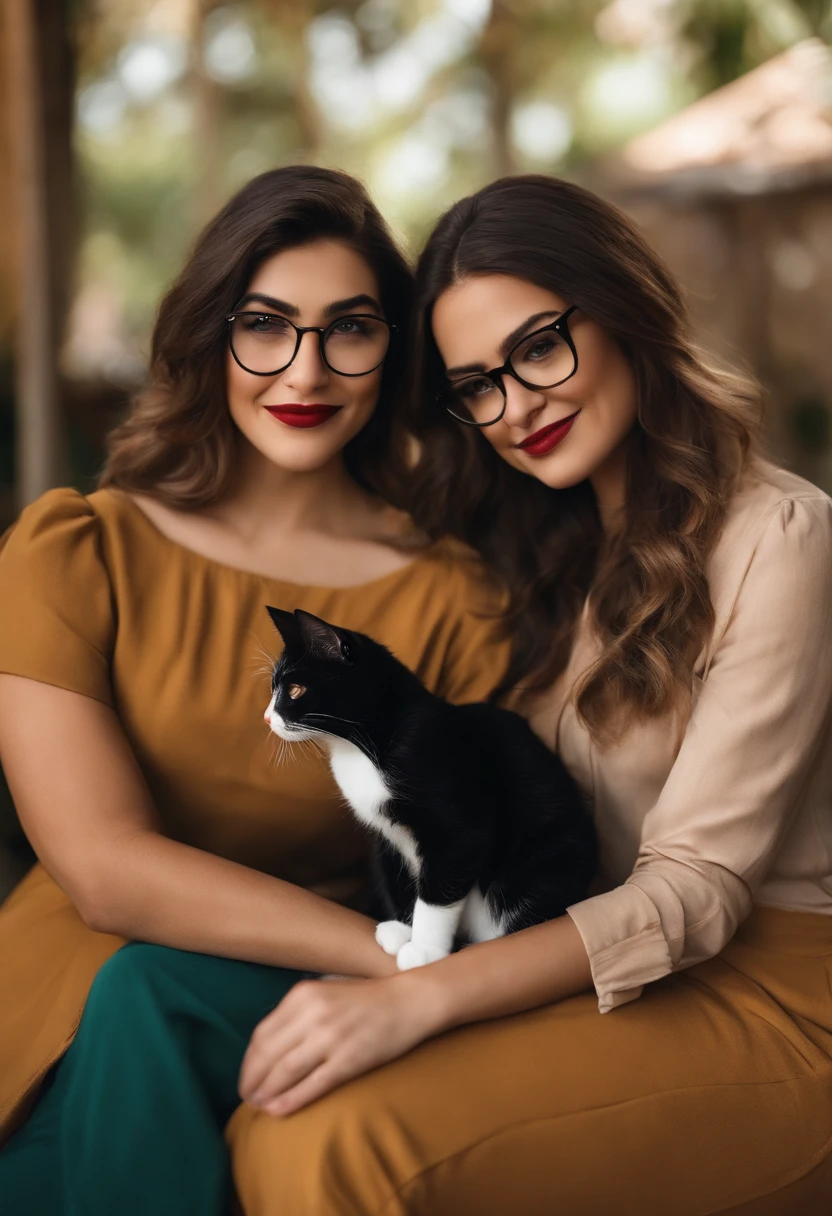 Disney Pixar. Lesbian couple with a black cat, um gato laranja, uma gatinha cinza e um gato branco com asas. The white woman with long black hair and round glasses, olhos pequenos, thick lips, usa camisa com ET estampado. The other brunette woman with long dark hair wears cat-eye glasses, nariz pequeno, Thick lips and beautiful smile, usa quimono florido e blusa preta
