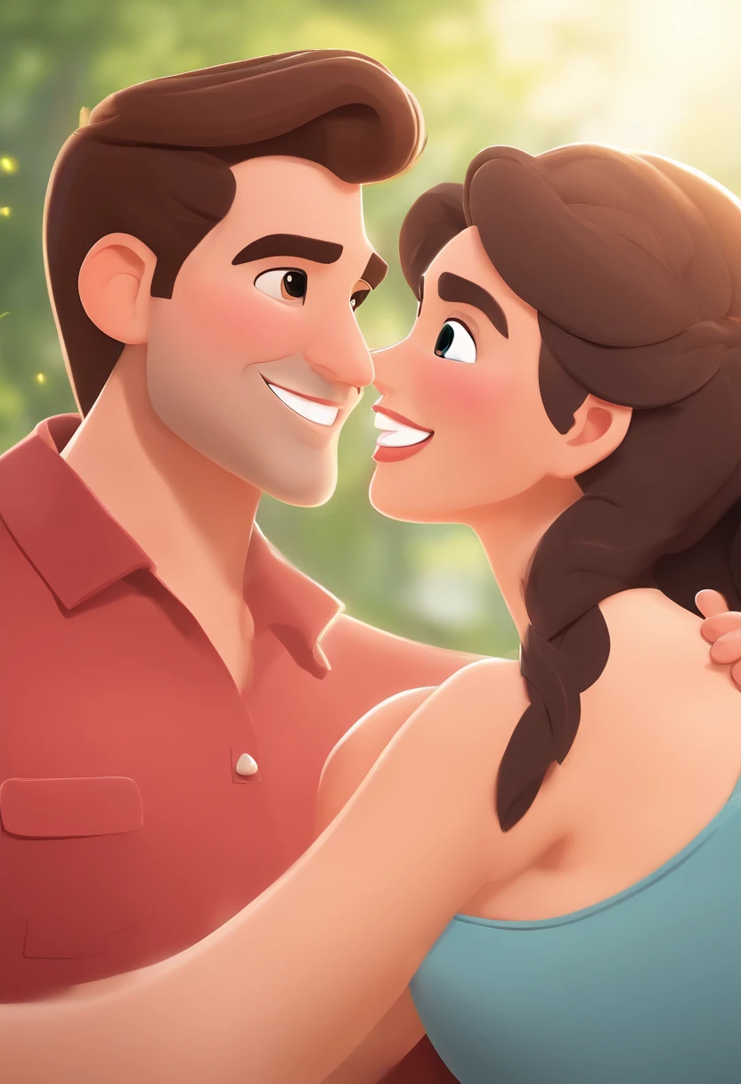 An illustration of an adorable couple, Highlight for a smiling chubby white man and a brunette woman with beautiful expressive eyes - the man's skin is white and the man's hair haswhile the woman's skin is black and the woman's hair is straight and brown. They are a bright room, cada um com um sorriso no rosto, e compartilhar um momento especial caracterizado pelo amor, Insights. Illustrate this scene from a perspective where they are facing the camera, Smiling and Showing Your Connection. Desenvolva esta arte em Full HD, Focus on your cinematic touch, Estilo Disney Pixar Animations