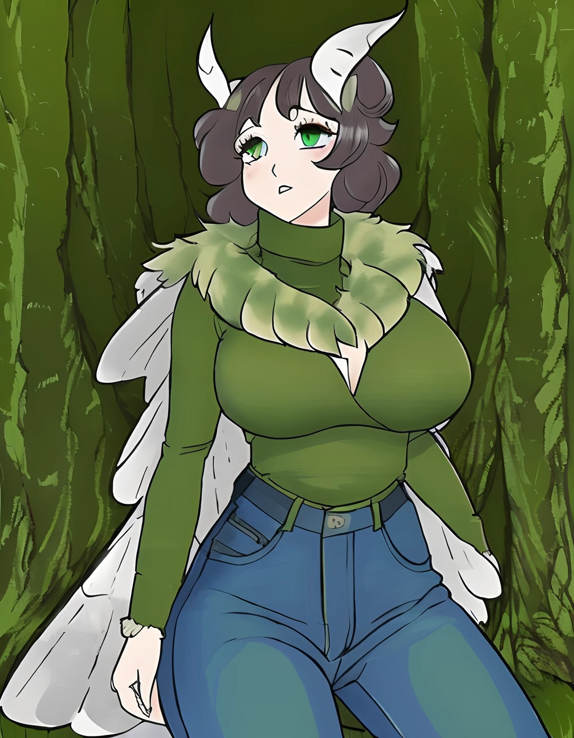 Moth girl with big wings, wearing a turtle neck sweater and denim jeans, green eyes, brown moth wings, big boobs, fuzzy antenna