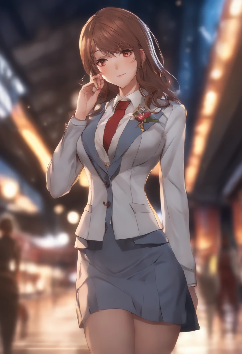 1girl, Nakiri Erina, Ajoelhado, coxas, Coxas da Marinha, suit jacket, Saia xadrez, hands on breasts, ao ar livre, anime_Captura de tela_Erina