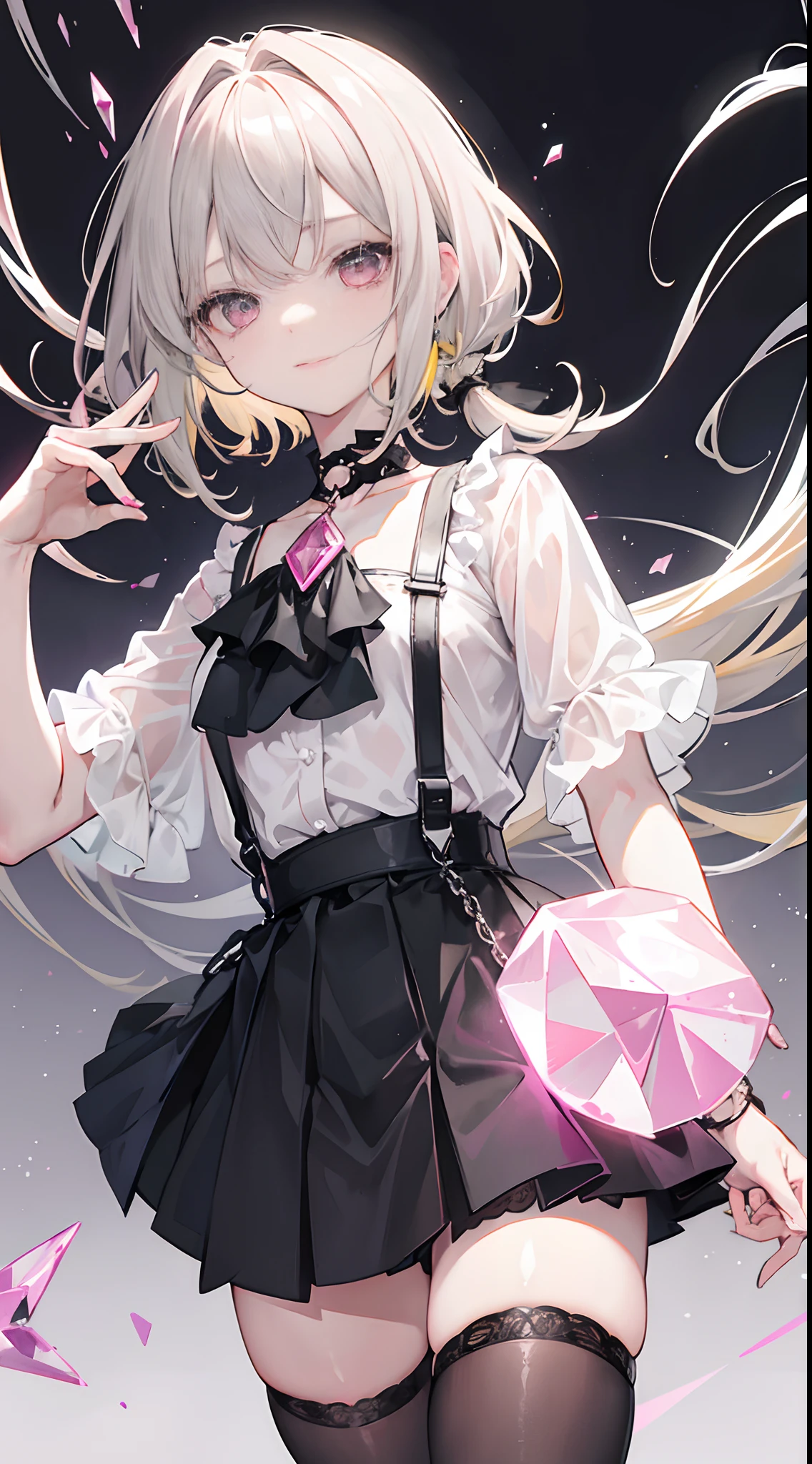 Short gray-yellow hair,Dull pink eyes,A pink crystal pendant is worn around his neck,From time to time, there are dull hairs on the top of the head,I usually like to wear a black short-sleeved shirt,black short skirt,Wears a small black eye,Fantastical colors,chiquita,black lence stockings