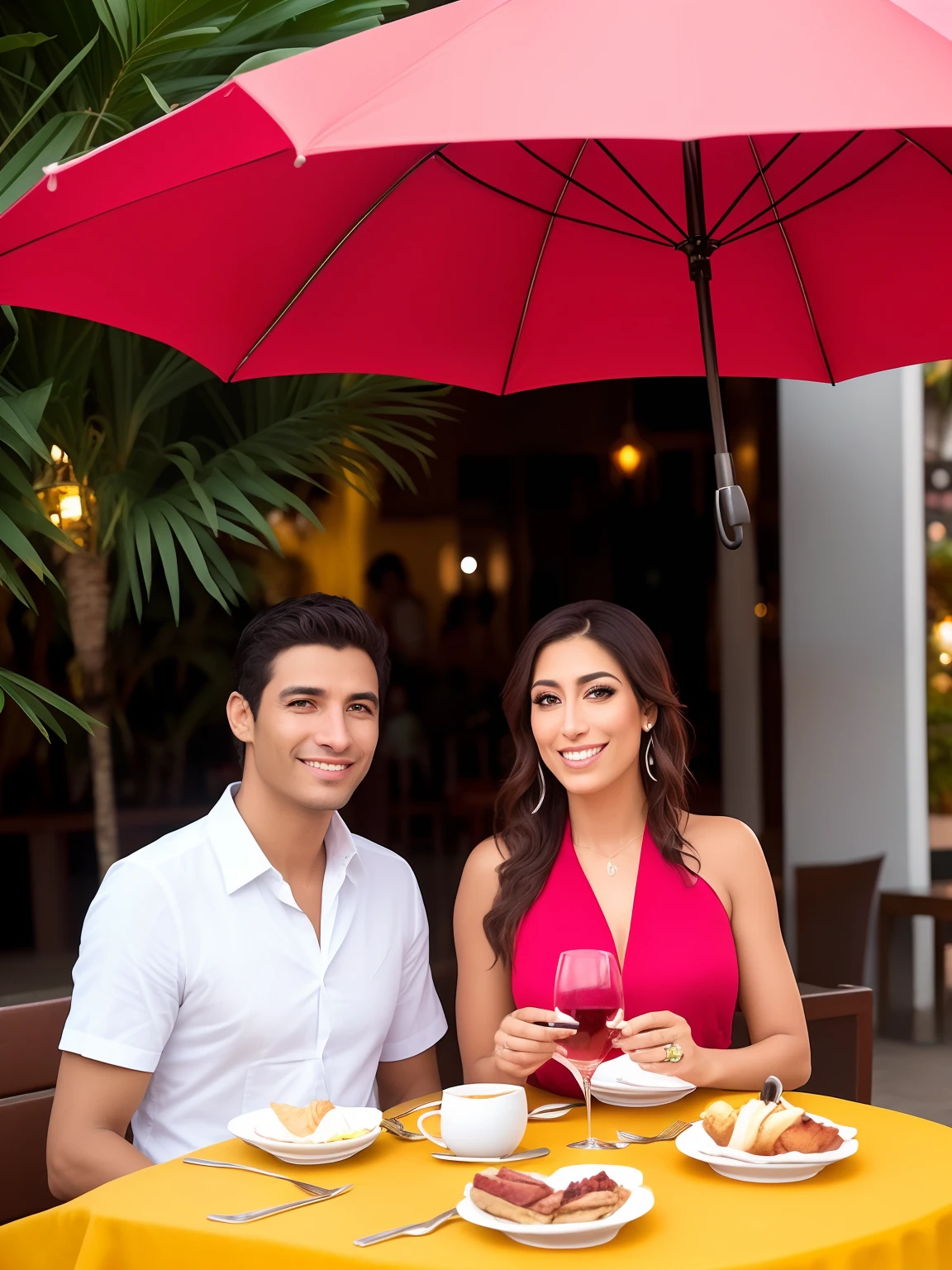 Smiling couple sitting at a table in a restaurant with umbrellas, imagem de perfil, Directed by: Nandor Soldier, In Sao Paulo, Directed by: Felipe Seade, Thomas Anthony e Malika Favre, Valentina Embaralhamento, Directed by: David Ruby, Casal feliz, Caroline Gariba, São Paulo, Directed by: Luis Miranda, imagem do avatar, fernanda suarez