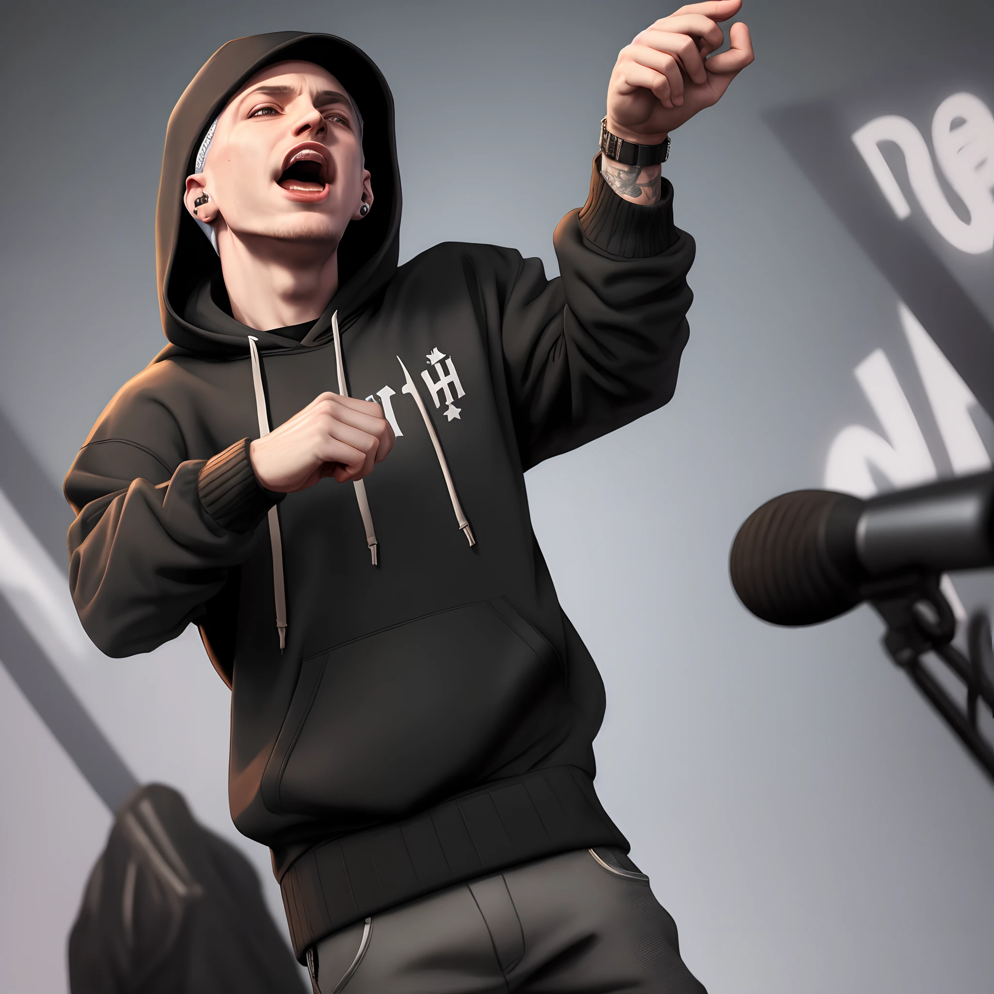 Eminem, singing rap, with wearing hoody, dark, classical pose, high quality image, 8k