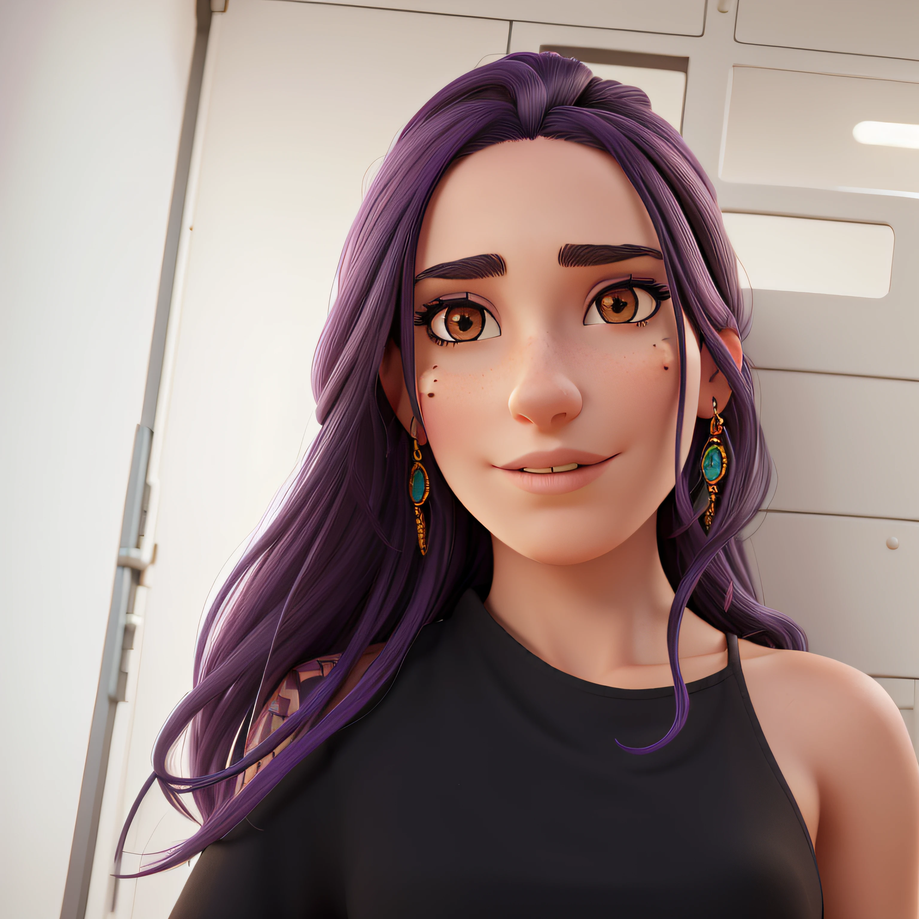 Professional photography master, Beautiful woman in a bohemian dress and accessories, long and black hair with purple tips, light brown eyes, with septum piercing and piercings on both sides of the mouth, looking straight ahead, extreme textures and details, full-body portrait photo.
