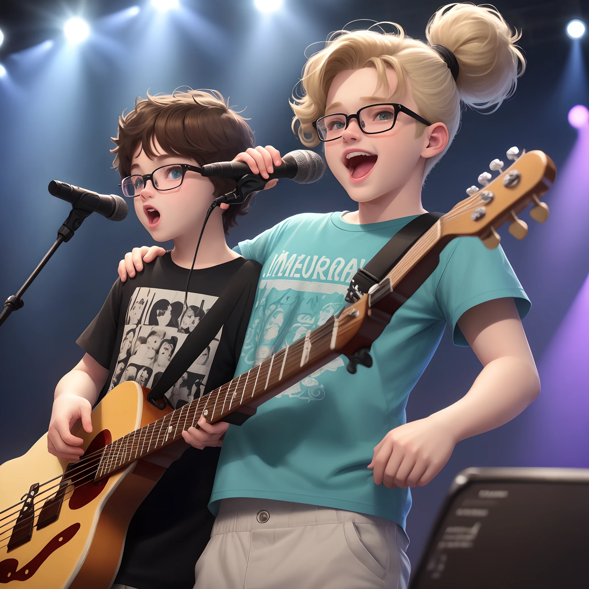Obra-prima, de melhor qualidade, estilo Disney, uma banda em cima de um palco com luzes, primeiro personagem A tall, skinny, stocky adult white man with a neat beard and glasses and playing a blue drum kit and singing into the microphone with short black hair with a small topknot, segundo personagem A tall, thin, stocky young white man with a well-groomed beard wearing glasses with neatly cut brown hair and a small bald spot in front of his hair playing keyboard and singing into the microphone, terceiro personagem um adolescente magro branco altura alta com cabelo preto curto e uma franja pequena, playing white electric bass and singing into the microphone, quarto personagem uma adolescente branco magro com cabelo curto castanho claro com uma franjinha tocando guitarra, quinto personagem uma meninaa branca magra com curvas bem definidas com cabelo ondulado castanho e olhos verdes cantando com microfone, sexto personagem uma menina adultca pequena magrinha com olhos castanhos com cabelo ondulado castanho com mexas loiras cantando no microfone, Seventh character: a skinny white girl with straight brown hair with very blonde tips, green eyes singing into the microphone, oitavo personagem uma menina branca alta um pouco mais encorpada que as outras com cabelo liso castanho olhos castanhos cantando no microfone, todos com uma camisa azul marinho, written on the middle of the shirt "angels of God", black pants and white sneakers. A Disney movie inscription written "Angels of God", with the Disney Pixar crest.