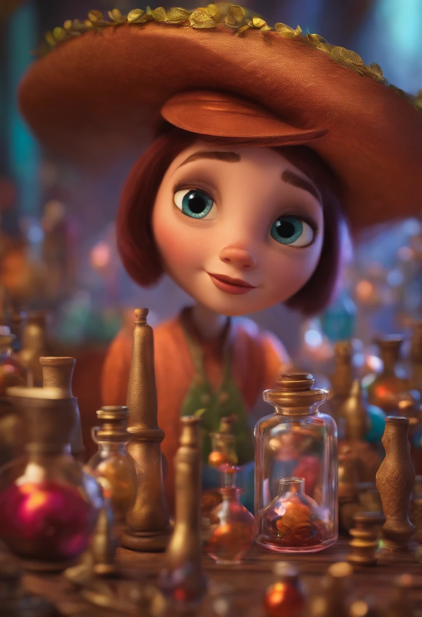 A collector of ideas inspired by Pixar animation, de perto. She is surrounded by a collection of magic vials, each containing a unique idea. The focus is on the character, with a captivating facial expression, Against a backdrop of shimmering, cores efervescentes.