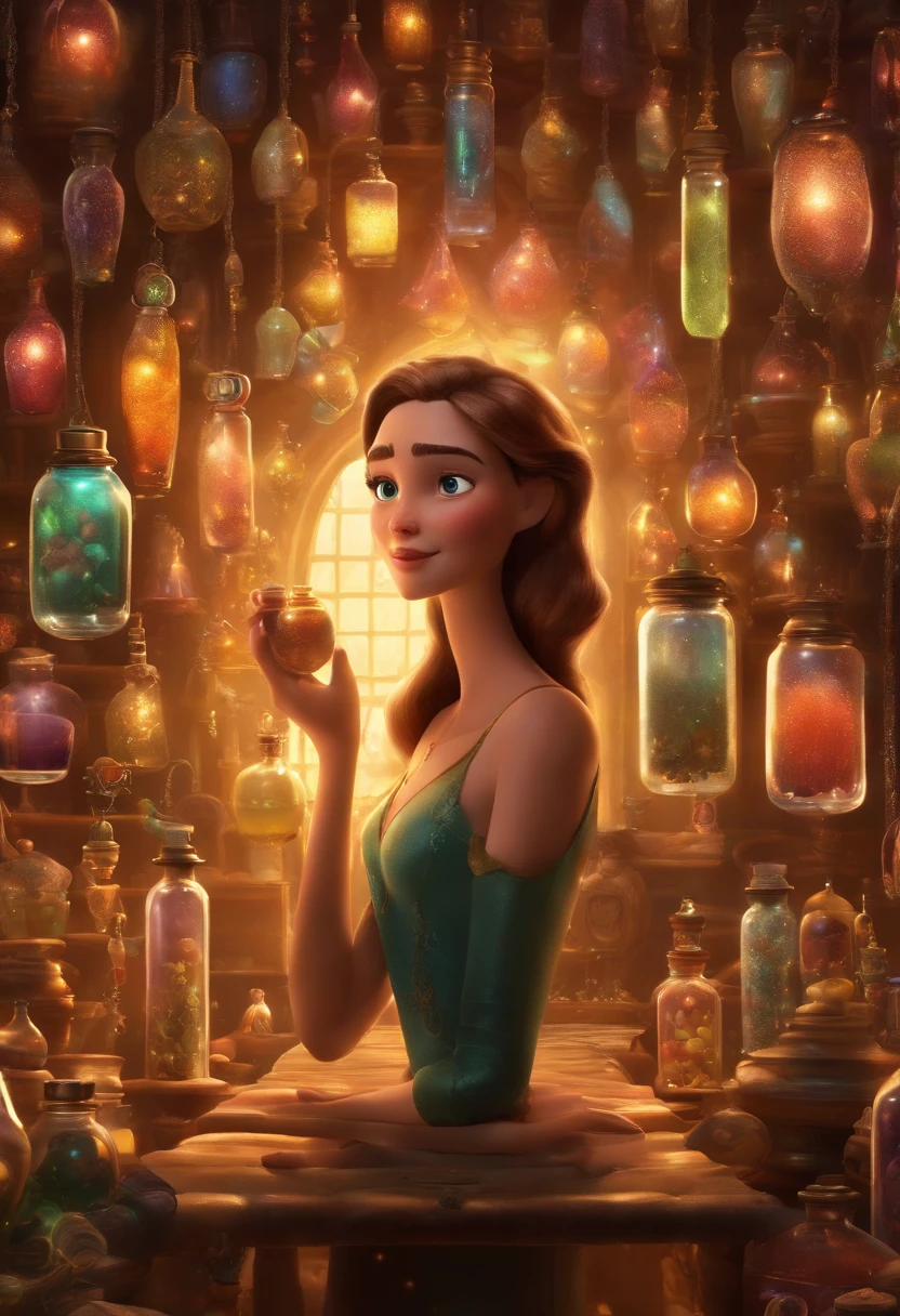 A collector of ideas inspired by Pixar animation, de perto. She is surrounded by a collection of magic vials, each containing a unique idea. The focus is on the character, with a captivating facial expression, Against a backdrop of shimmering, cores efervescentes.