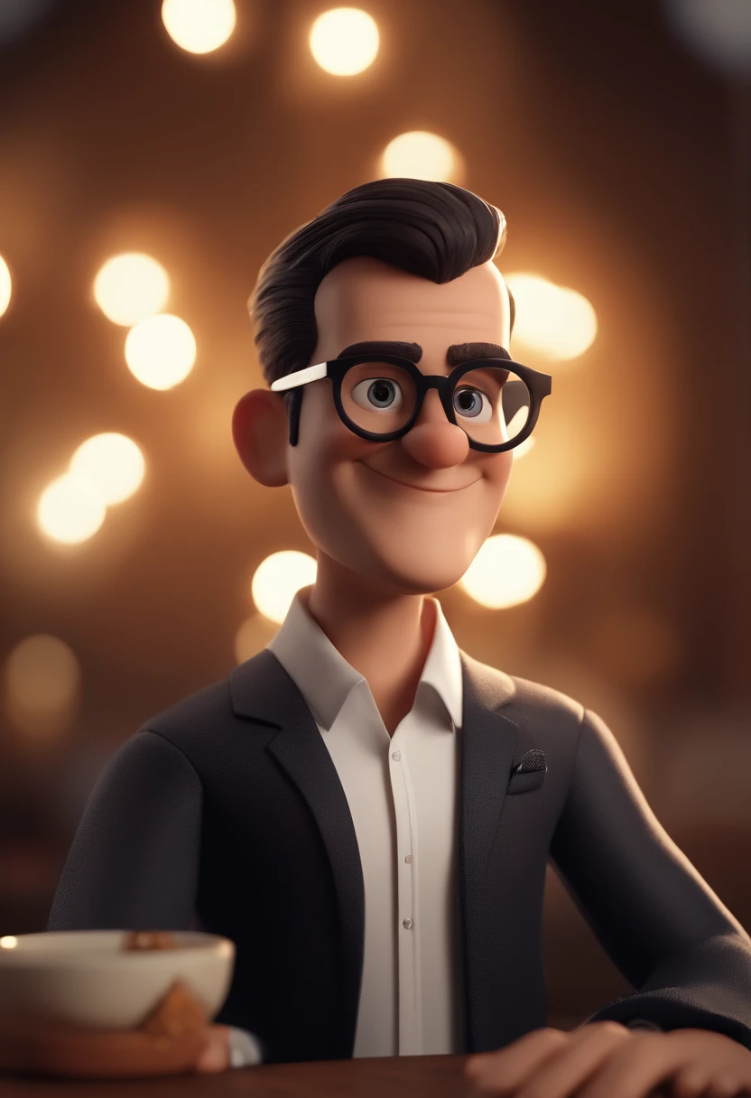 Cartoon male character wearing black glasses and white shirt, um personagem animado, Caractere estilizado, animation style rendering, 3D estilizado, Arnold Maya Credor, 3d rendering stylized, toon render keyshot, 3DCHARACTER, Personagens 3D, 3d rendering stylized, 3 d character render, personagem de quadrinhos, Personagem de close up, Pose de personagem, (Estilo Pixar) (masutepiece:1.2) (Bokeh) (best quality) (pele detalhada) (textura detalhada) (8k) (argila) (Cinematic lighting) (foco nítido,Sente-se e vaze a parte superior do corpo
