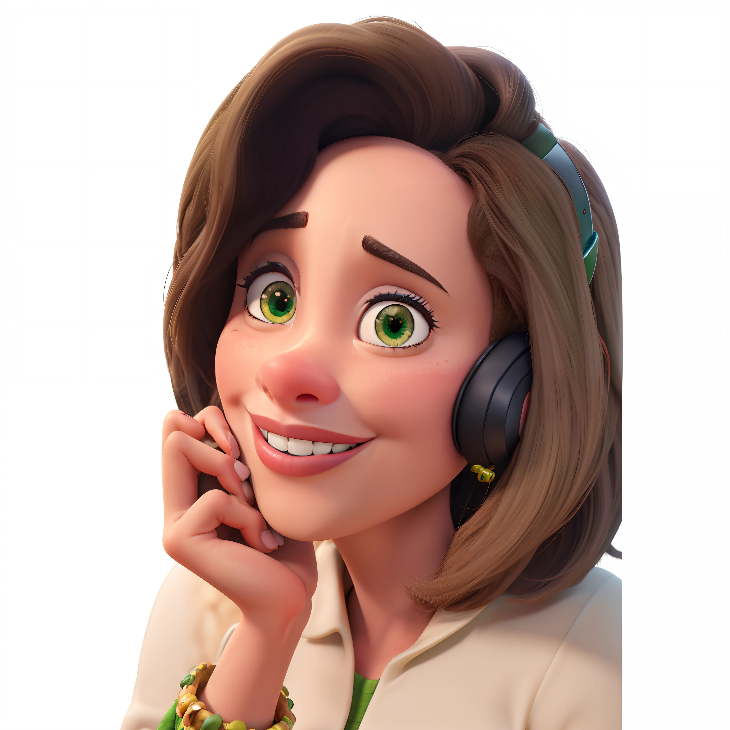 poster 3D Disney Pixar personagem feminina, olhos verdes, pele branca, with background in a recording studio