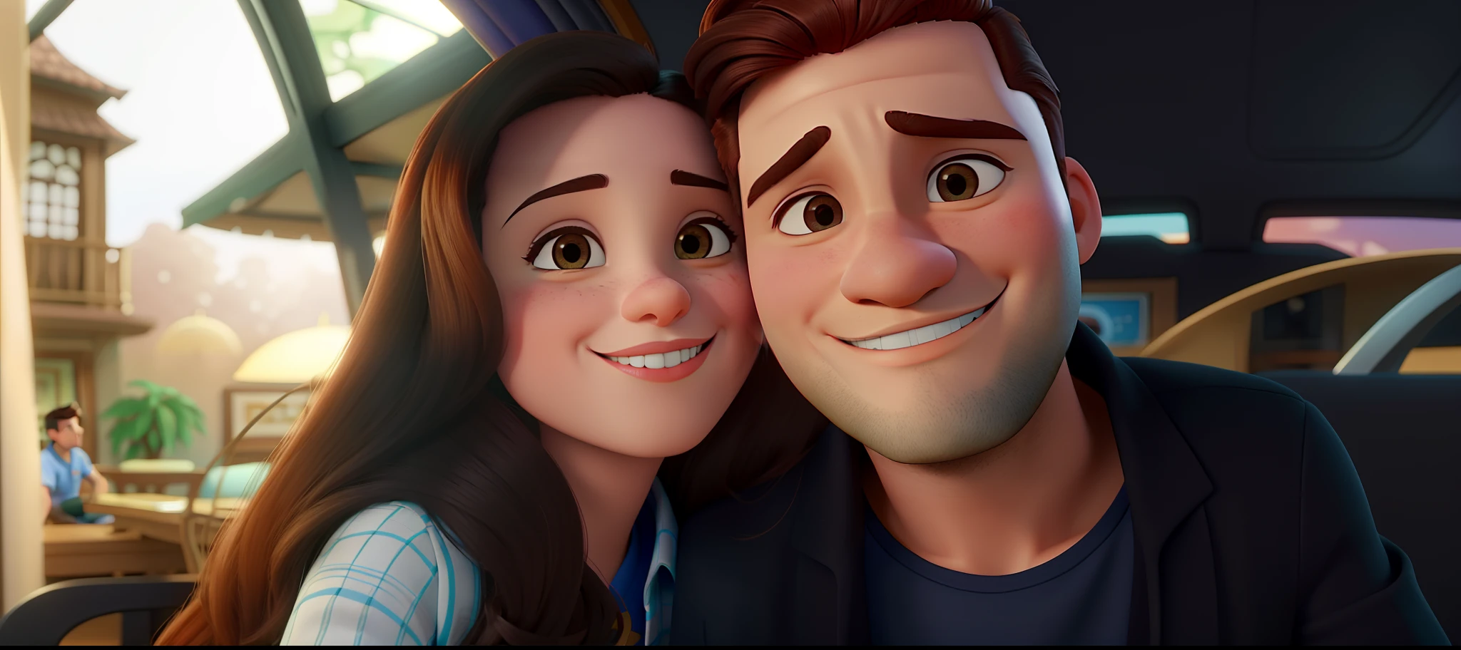 Casal (homem moreno e mulher branca) no estilo Disney Pixar, alta qualidade, melhor qualidade.