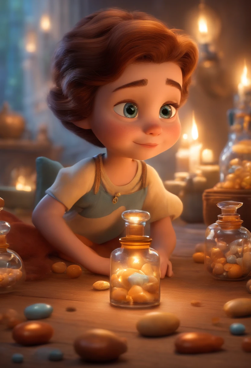 Um gatinha branca com olhos azuis na janela; pixar animation, de perto. She is surrounded by a collection of magic vials, each containing a unique idea. The focus is on the character, with a captivating facial expression, In a flickering scenario, cores efervescentes.