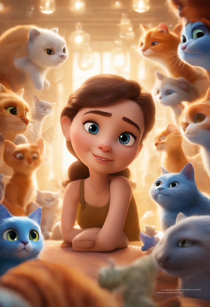 Um gatinha branca com olhos azuis na janela; pixar animation, de perto. She is surrounded by a collection of magic vials, each containing a unique idea. The focus is on the character, with a captivating facial expression, In a flickering scenario, cores efervescentes.