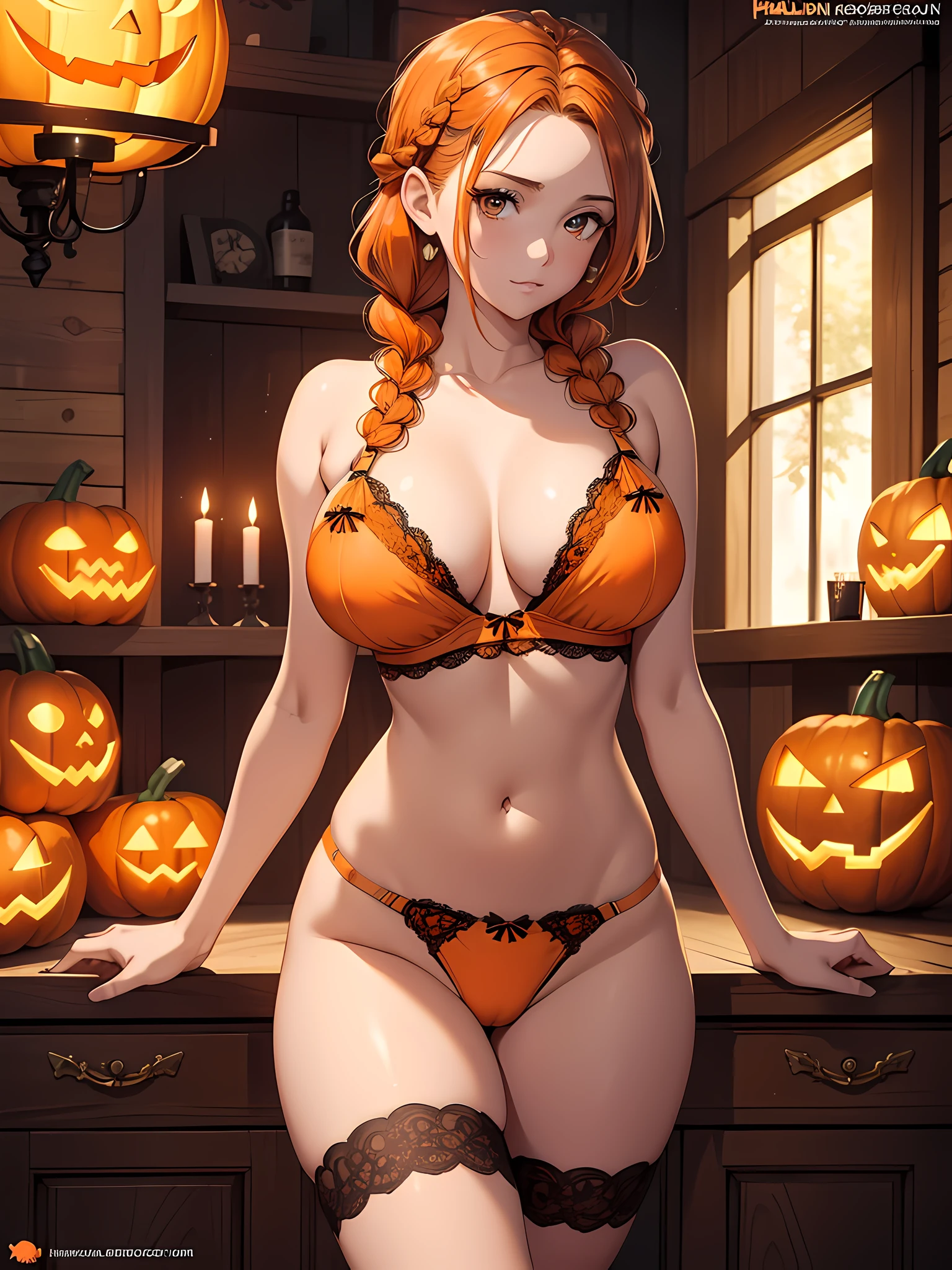 absurd, 8K, high resolution, ultra detailed, beautiful, masterpiece, best quality, very pretty, pumpkinhead, halloween, woman, young, very pretty woman, sexy, (orange lingerie:1.3), brown hair, (braid:1.5), sexy, detailed female face, very attractive, (very large breasts:1.3), Pumpkinhead