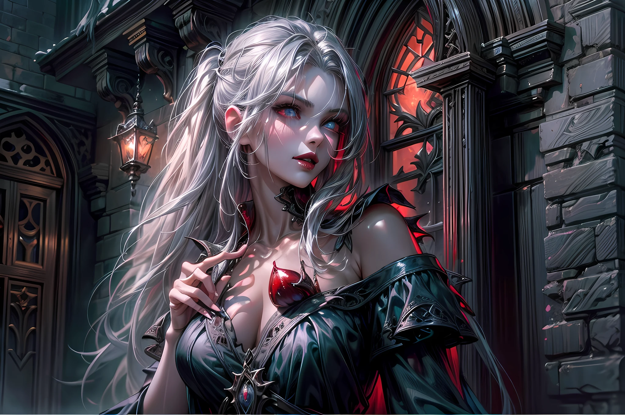 icture of vampire standing in the front of her home holding a (candy bag: 1.2), an exquisite beautiful female vampire in her front door of her home, full body (ultra detailed, Masterpiece, best quality), ultra detailed face (ultra detailed, Masterpiece, best quality), grey skin: 1.3 , blond hair, hair in a ponytail, long hair, blue eyes, cold eyes, glowing eyes, intense eyes, smile with [drops of blood on face] (ultra detailed, Masterpiece, best quality), dark red lips, [vampire fangs], wearing white dress (ultra detailed, Masterpiece, best quality), dark blue cloak, high heeled boots in front of her home, (holding a candy bag: 1.4), high details, best quality, 16k, [ultra detailed], masterpiece, best quality, (ultra detailed), full body, ultra wide shot, photorealism, luis royo style, dark fantasy art, moon light coming through the window, moon rays, gothic art, sense of dread, sense of seduction, bloodmagic