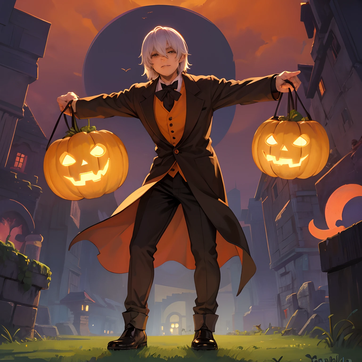 dancing Jack O'lantern, com sosto de homem, cabelo curto castanho pra cima, olhos vermelhos, barba curta castanho   playing Jack O'lantern, fantasy world, magic world, a magical world, fairytale、jack O'lantern world. fantastic background,