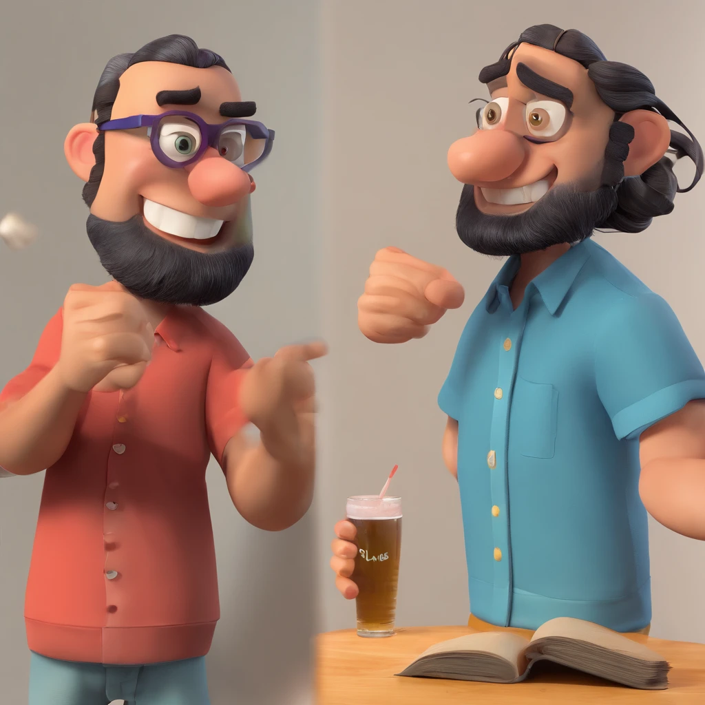 Criar um personagem no estilo Pixar. Trata-se de um homem de 30 anos, com barba, Branco, com cabelos castanhos curtos e um quiff, e olhos castanhos. Ele deve estar na frente de um computador, Trabalhar como designer