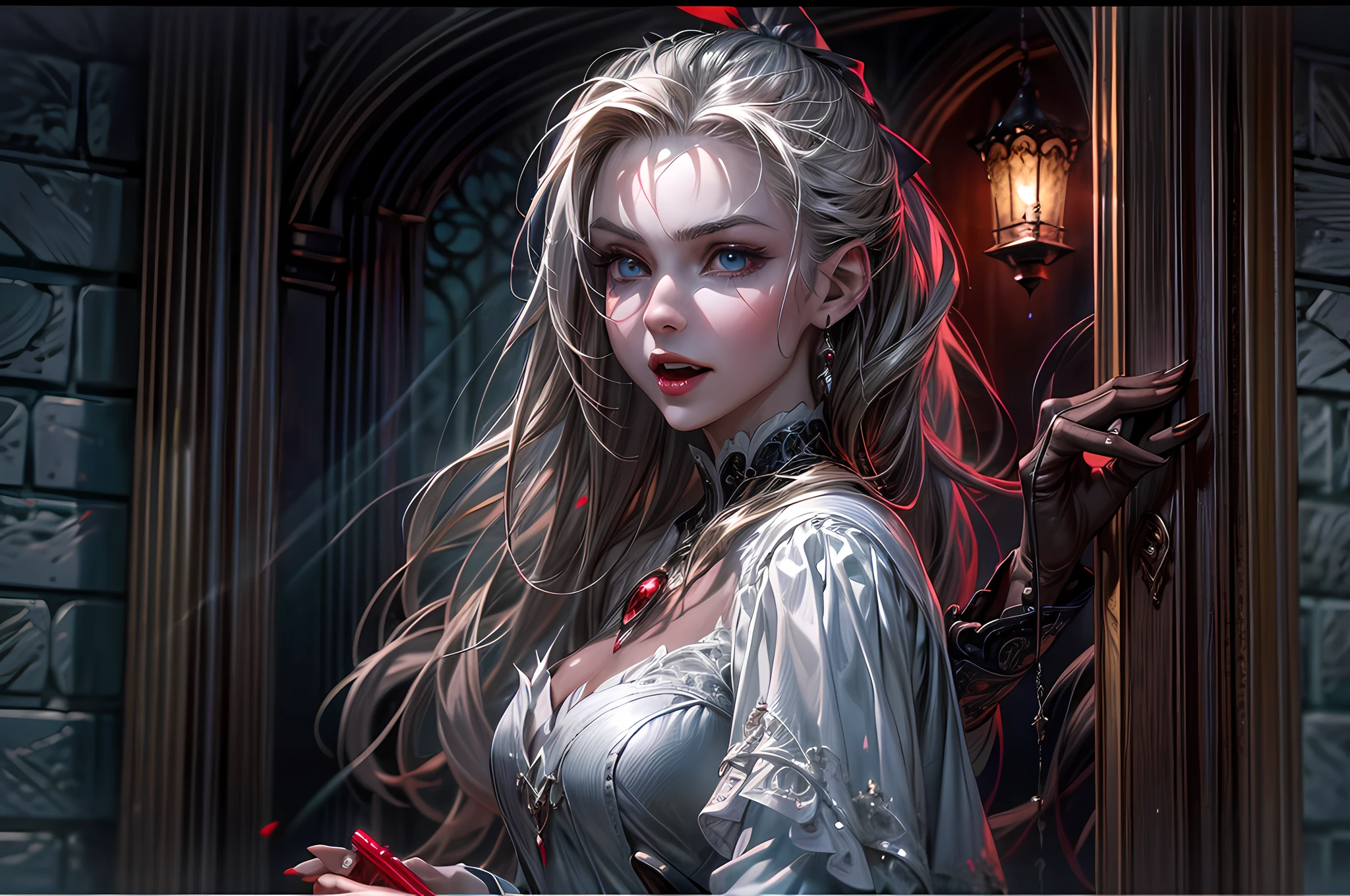 icture of vampire standing in the front of her home holding a (candy bag: 1.2), an exquisite beautiful female vampire in her front door of her home, full body (ultra detailed, Masterpiece, best quality), ultra detailed face (ultra detailed, Masterpiece, best quality), grey skin: 1.3 , blond hair, hair in a ponytail, long hair, blue eyes, cold eyes, glowing eyes, intense eyes, smile with [drops of blood on face] (ultra detailed, Masterpiece, best quality), dark red lips, [vampire fangs], wearing white dress (ultra detailed, Masterpiece, best quality), dark blue cloak, high heeled boots in front of her home, (holding a candy bag: 1.4), high details, best quality, 16k, [ultra detailed], masterpiece, best quality, (ultra detailed), full body, ultra wide shot, photorealism, luis royo style, dark fantasy art, moon light coming through the window, moon rays, gothic art, sense of dread, sense of seduction, bloodmagic
