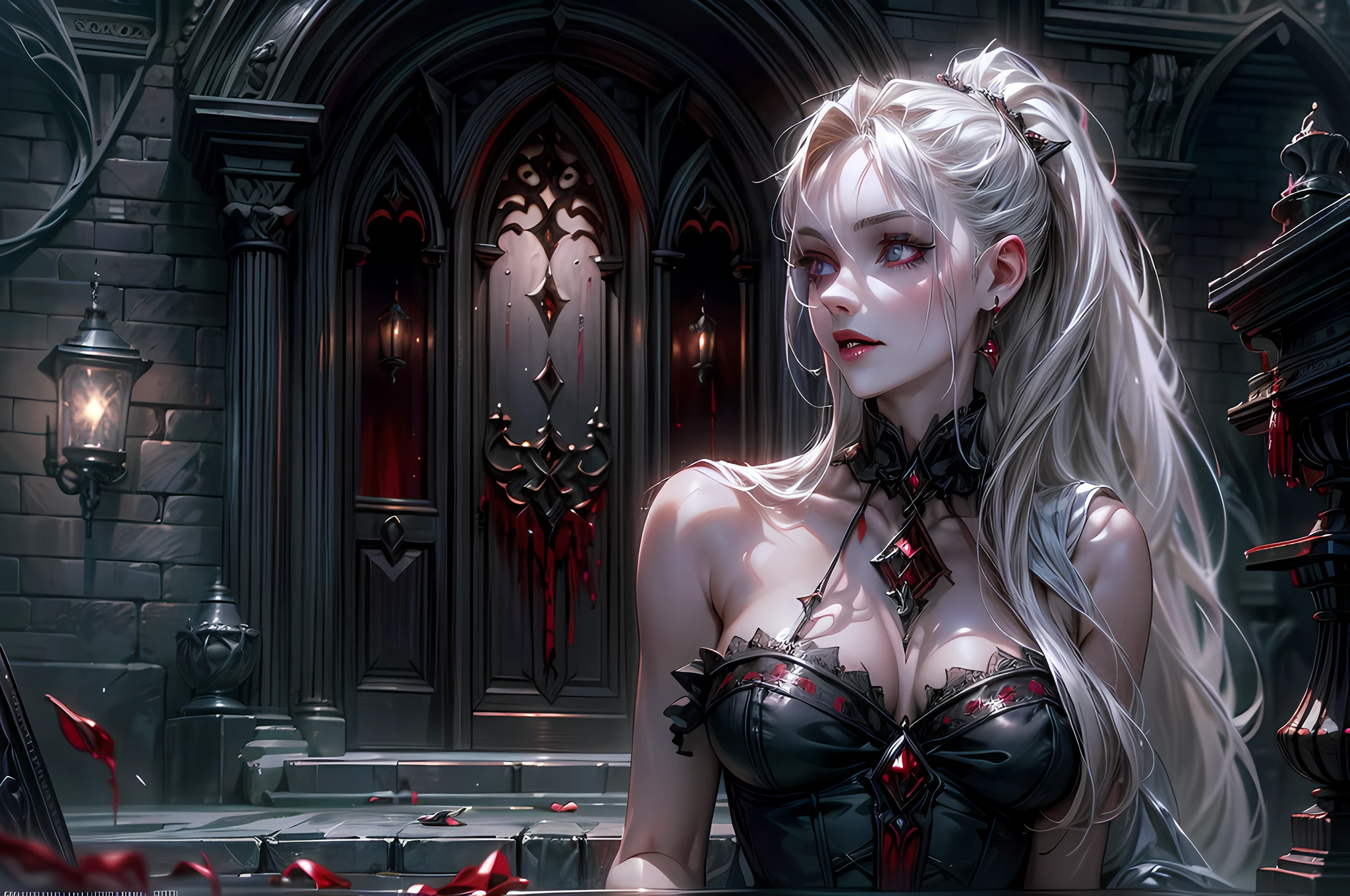icture of vampire standing in the front of her home holding a (candy bag: 1.2), an exquisite beautiful female vampire in her front door of her home, full body (ultra detailed, Masterpiece, best quality), ultra detailed face (ultra detailed, Masterpiece, best quality), grey skin: 1.3 , blond hair, hair in a ponytail, long hair, blue eyes, cold eyes, glowing eyes, intense eyes, smile with [drops of blood on face] (ultra detailed, Masterpiece, best quality), dark red lips, [vampire fangs], wearing white dress (ultra detailed, Masterpiece, best quality), dark blue cloak, high heeled boots in front of her home, (holding a candy bag: 1.4), high details, best quality, 16k, [ultra detailed], masterpiece, best quality, (ultra detailed), full body, ultra wide shot, photorealism, luis royo style, dark fantasy art, moon light coming through the window, moon rays, gothic art, sense of dread, sense of seduction, bloodmagic
