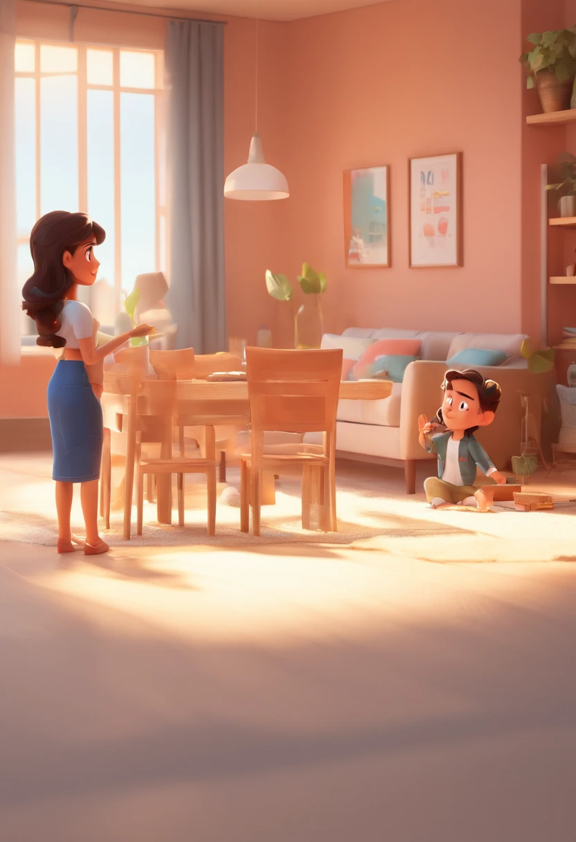 An illustration of an adorable couple, destacando um homem e uma mulher com bonito, Expressive eyes – the man's skin is black and the man's hair is bald and black, while the woman's skin is black and the woman's hair is curly and brown. They are a bright room, cada um com um sorriso no rosto, e compartilhar um momento especial caracterizado pelo amor, arroz, e insights educacionais. Illustrate this scene from a perspective where they are facing away from the camera, Showing Your Connection. Desenvolva esta arte em Full HD, Focus on your cinematic touch, Estilo Disney Pixar Animations