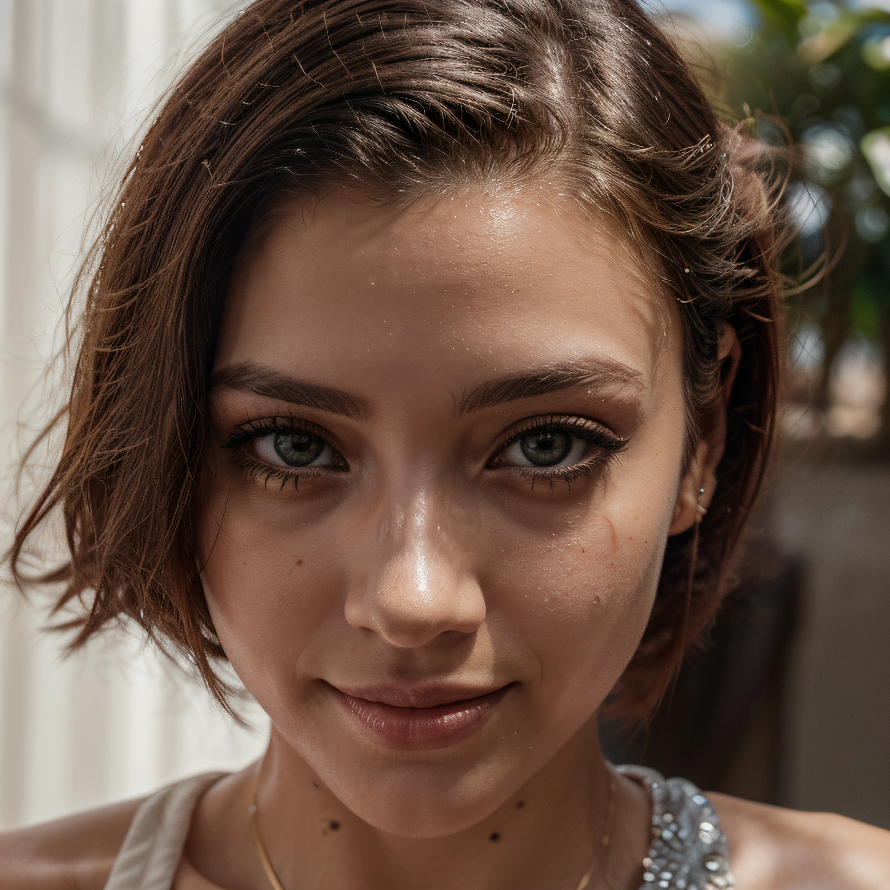 ((FOTOGRAFIA DA PARTE SUPERIOR DE UMA MULHER)), PELE CLARA E OLHOS VERDES, ((ROSTO EXTREMAMENTE DETALHADO), SORRINDO, E OLHAR INOCENTE, MULHER DE 23 ANOS, ((CABELOS LISOS E CASTANHOS)), (looking-into-camera, parte superior), (background lighting), realista, obra-prima, mais alto qualidade, reflexo de lente, sombra, pintura digital (Areola:.7),brincos, pulseira de ouro, sfw, pele escura, (mulher de pele escura), 8mm film grain, fotografado em Sony a9 II, lente 24mm, abertura F/2.8