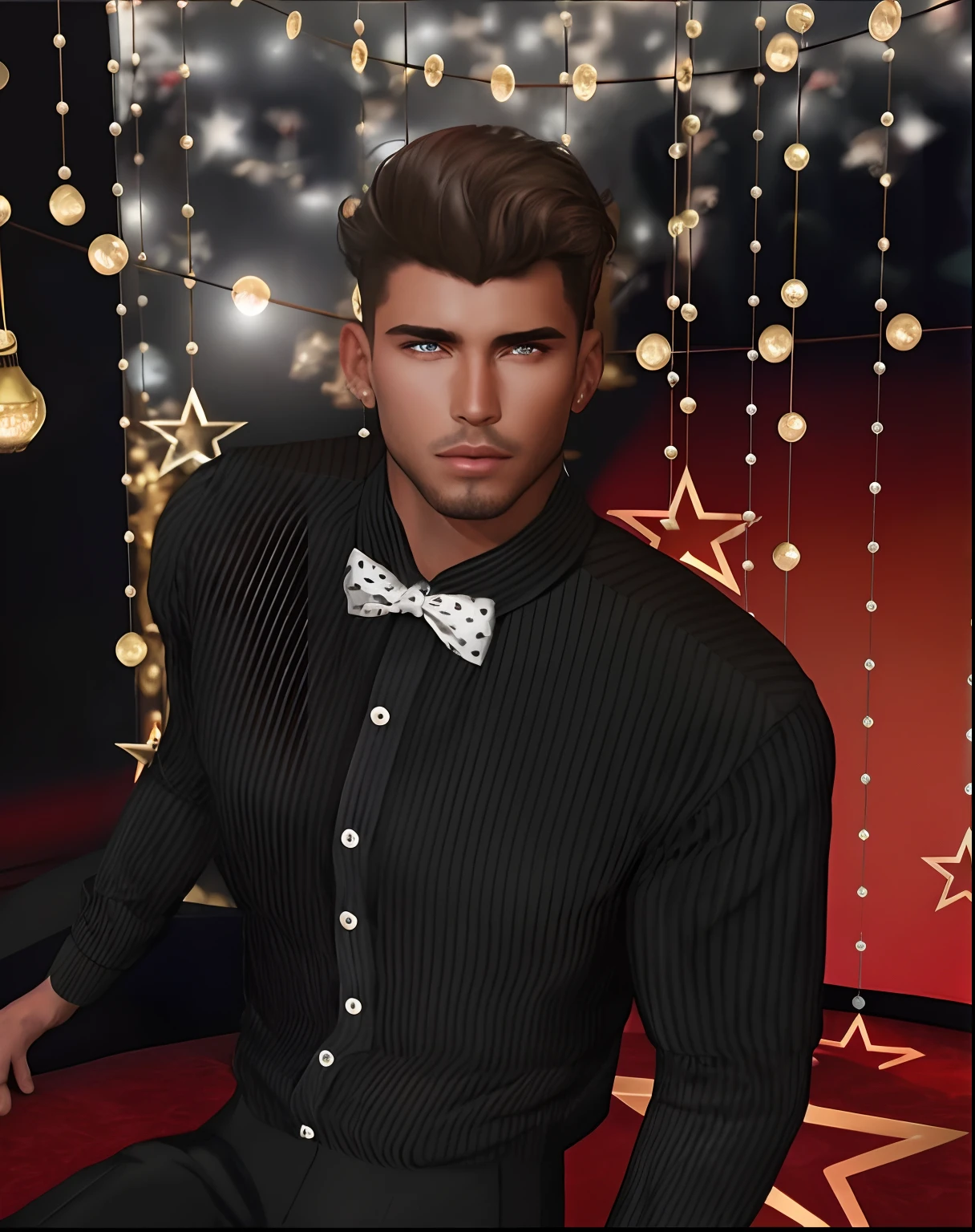 arafed man in a black shirt and bow tie sitting on a red carpet, handsome stunning realistic, christian, elegant glamor pose, imvu, detailed scene, second life avatar, inspired by Maximilian Cercha, inspired by Cedric Seaut, inspired by Aleksander Gine, handsome, inspired by Kristian Kreković, luca