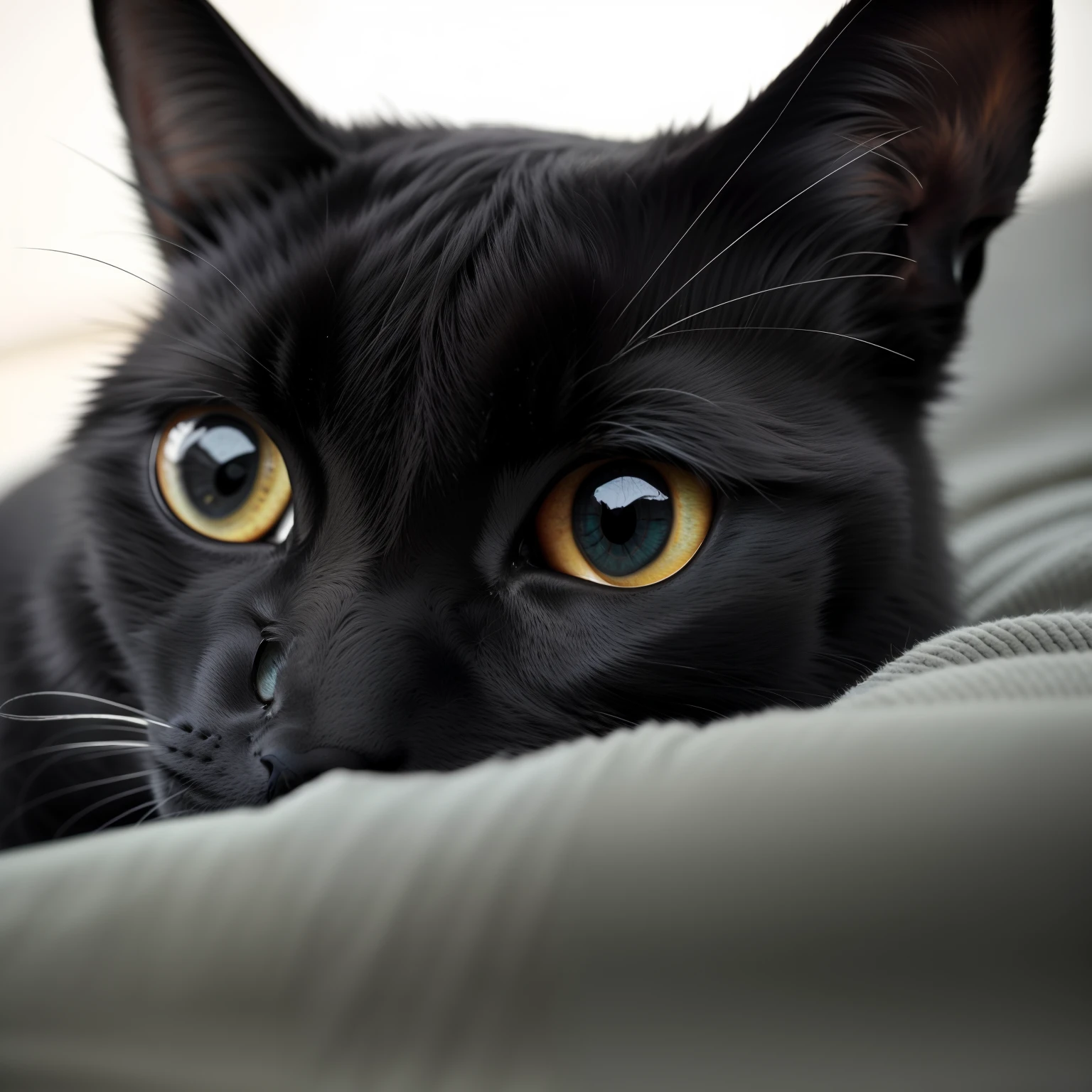 There's a black cat that's lying on a blanket, looking-into-camera, Focused amber eyes, screaming at the camera, com olhos furantes ansiosos, Looking towards the camera, is looking at the camera, grandes olhos negros!!!, looking-into-camera, olhar intenso nos olhos, looking intensely at the camera, grandes olhos negros, olhar curioso