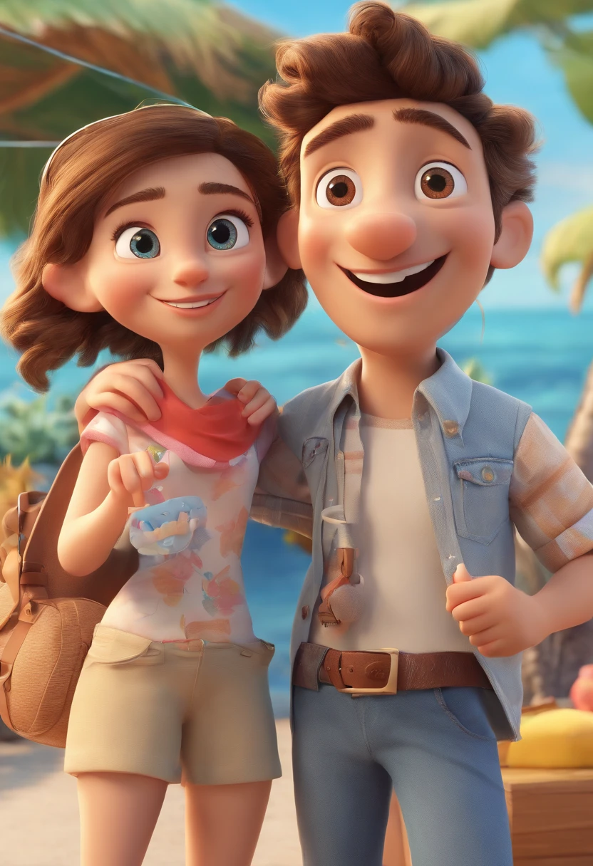 Cartoon of friends having fun on vacation together, 3D Animation Movie Poster, Poster de filme animado, pixar 3 d animation style, pixar renderman rendering, maia 8 mil, animated film, Disney Pixar Estilo 3D, amigos felizes saem juntos, all wearing light blue shirts and cream brown long pants, camisa azul clara, cream brown pants, ao ar livre, vacation, Disney Pixar Animation Poster