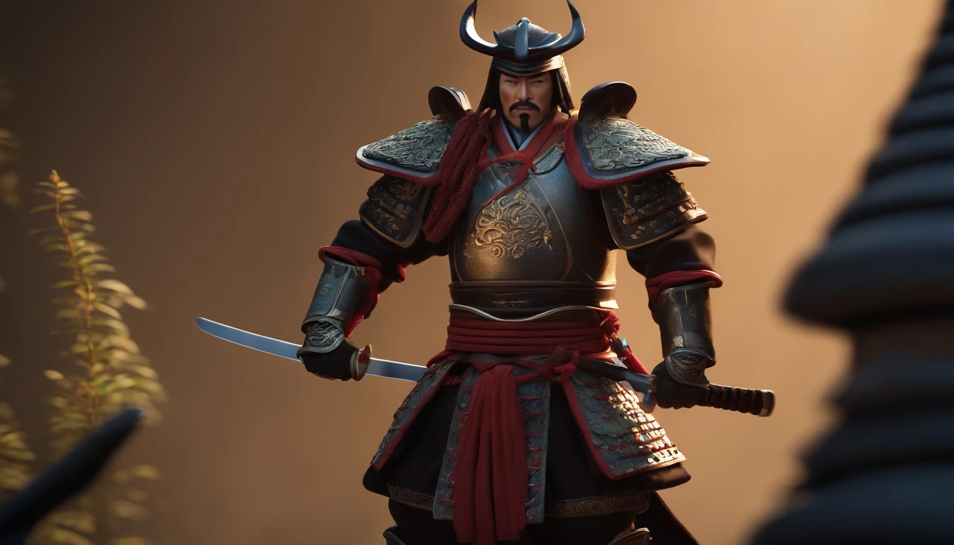 Samurai,japanese samurai, Hold the sword,Generals and leading armies,animation character, Stylized characters, animation style render, Stylized 3D, Arnold Maya Lender, 3D rendering stylized, toon render keyshot, 3dcharacter, 3dcharacter, 3D rendering stylized, 3 d character render, comic book character, close up character, Character Pose, (pixer style) (Master Parts:1.2) (Bokeh) (Best Quality) (detailedskin) (Detailed texture) (8K) (clay) (Cinematic lighting) (foco nítido