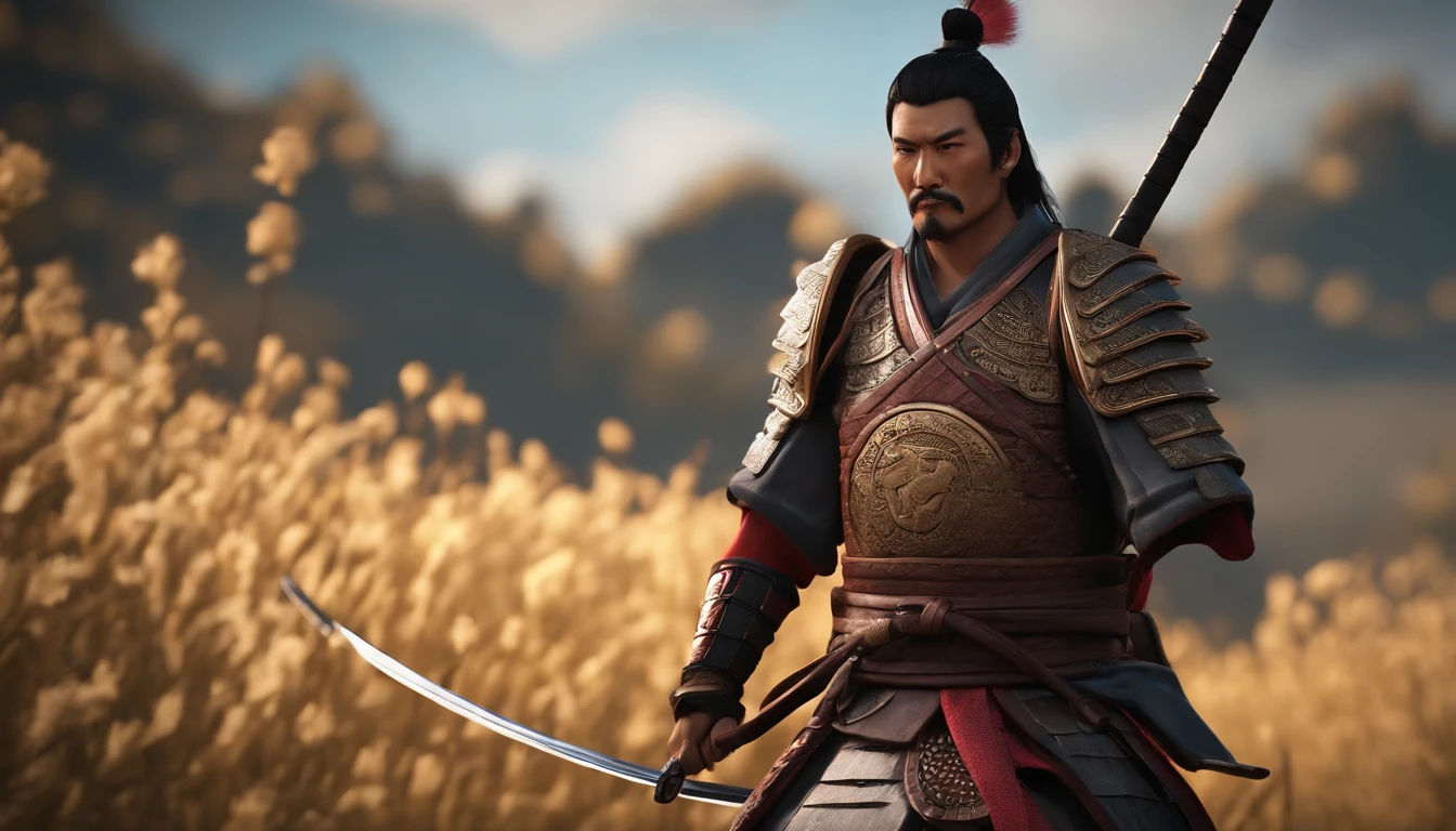 Samurai,japanese samurai, Hold the sword,Generals and leading armies,animation character, Stylized characters, animation style render, Stylized 3D, Arnold Maya Lender, 3D rendering stylized, toon render keyshot, 3dcharacter, 3dcharacter, 3D rendering stylized, 3 d character render, comic book character, close up character, Character Pose, (pixer style) (Master Parts:1.2) (Bokeh) (Best Quality) (detailedskin) (Detailed texture) (8K) (clay) (Cinematic lighting) (foco nítido