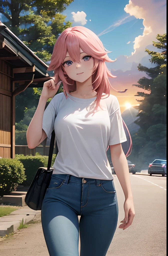 genshin impact, yae miko (pink hair, long hair, purple eyes, glowing eyes),,blue_sky, building, bush, cliff, cloud, cloudy_sky, day, forest, grass, horizon, house, jungle, lake, lens_flare, light_rays, mountain, nature, outdoors, path, pine_tree road, scenery, sky, sun, sunbeam, sunlight, sunset, tree, tree_shade, water, (Woman:1.4), blonde hair, (green eyes:1.2), tight jeans, black t-shirt, walking, short hair, solo, smiling, hands behind body