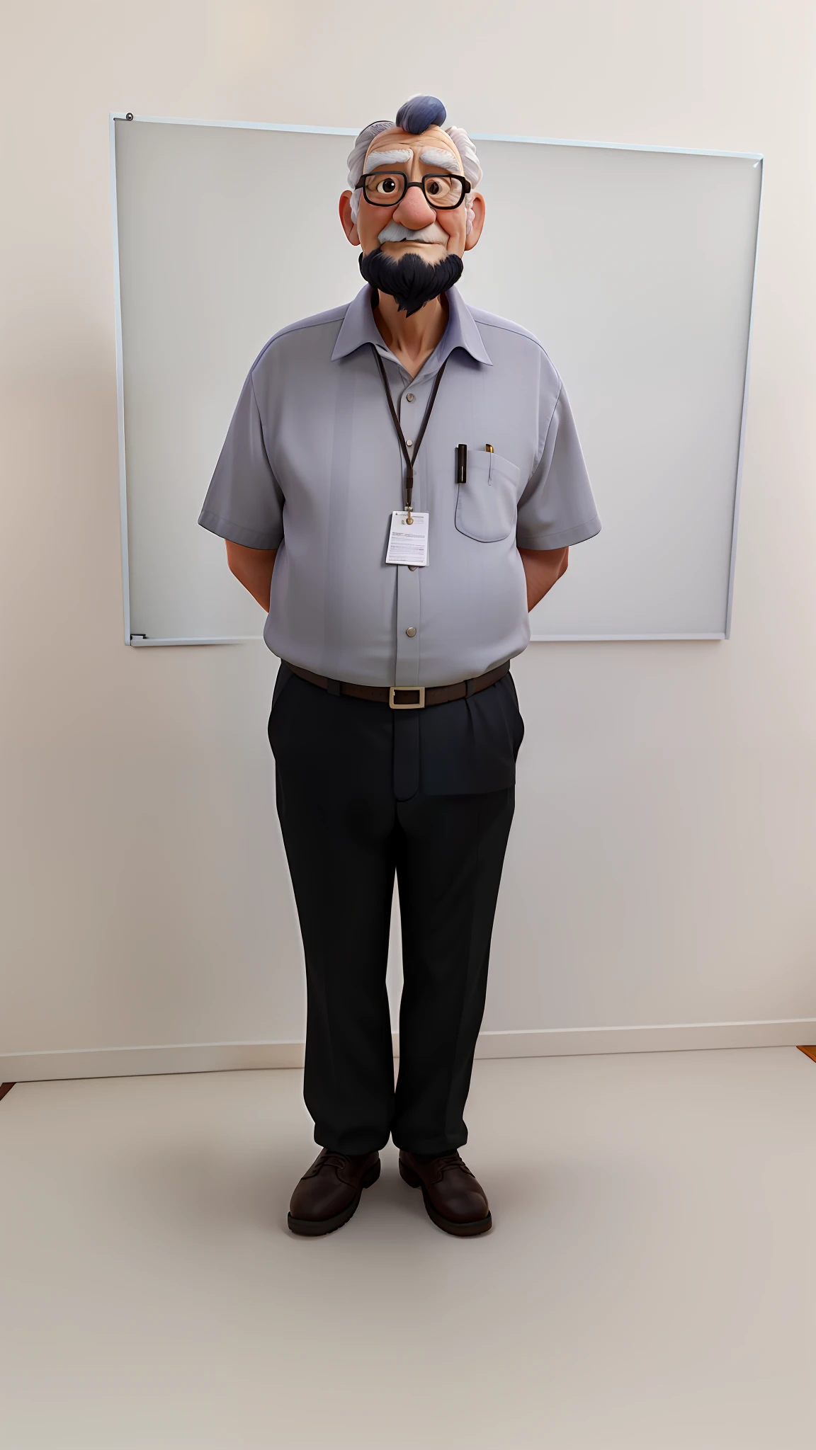 A wise old man standing in front, illuminated by the light of a lamp, against the backdrop of a library