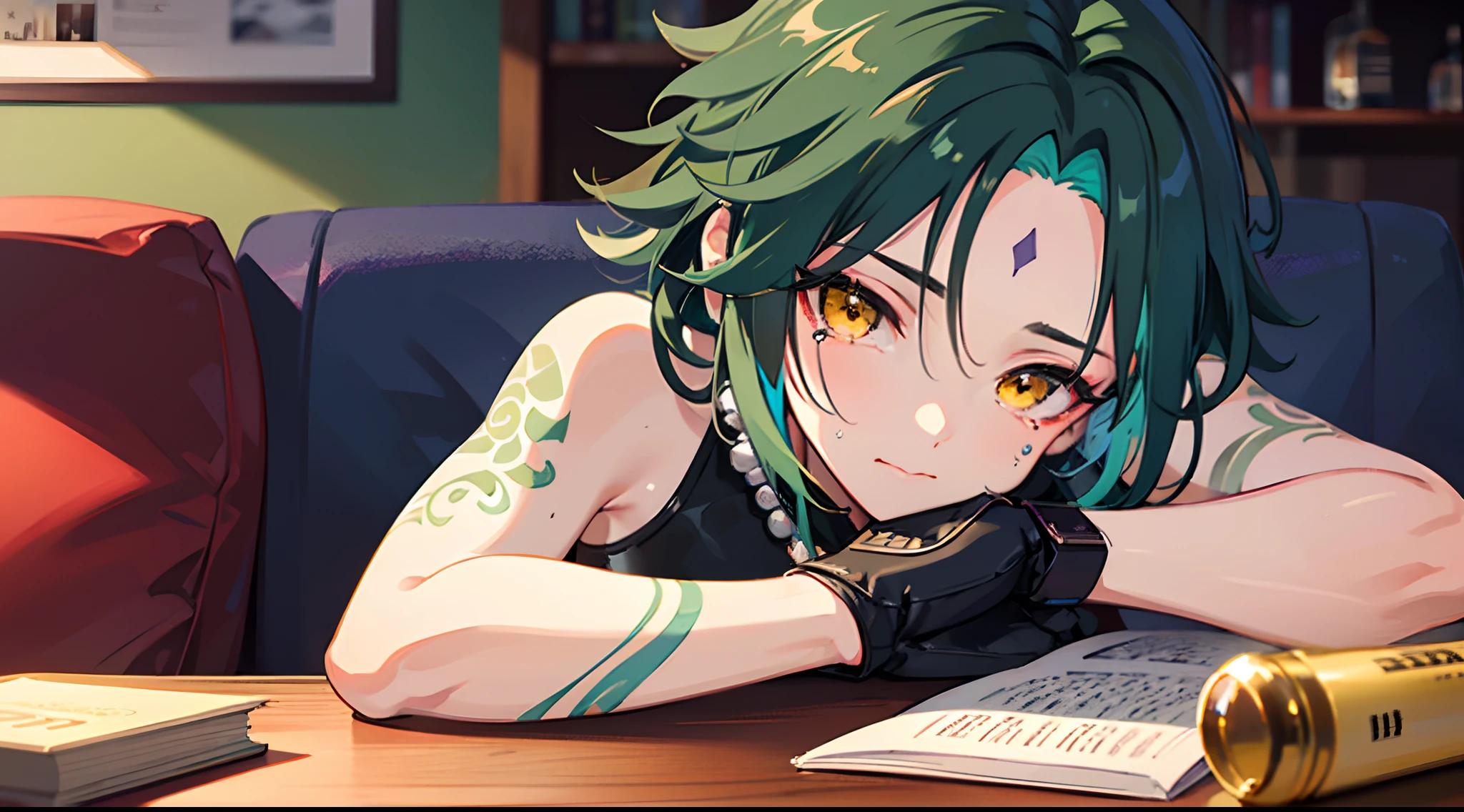 sadness, crying, silent, quiet, sitting on dark blue couch, arm on table, head on arm, sob, in club, inside, mess on table, bottle on table, rubbish on table, high detail, masterpiece, best quality, detail face, detail eyes, beautiful eyes, tears up, tears on eyes, face down on the table, mark on forehead, short hair, closer, close up to camera, alone, cute, 1boy, xiao, (genshin impact), gloves, tattoo, arm tattoo, necklace, jewelry,green hair, bead necklace, multicolored hair, beads, yellow eyes