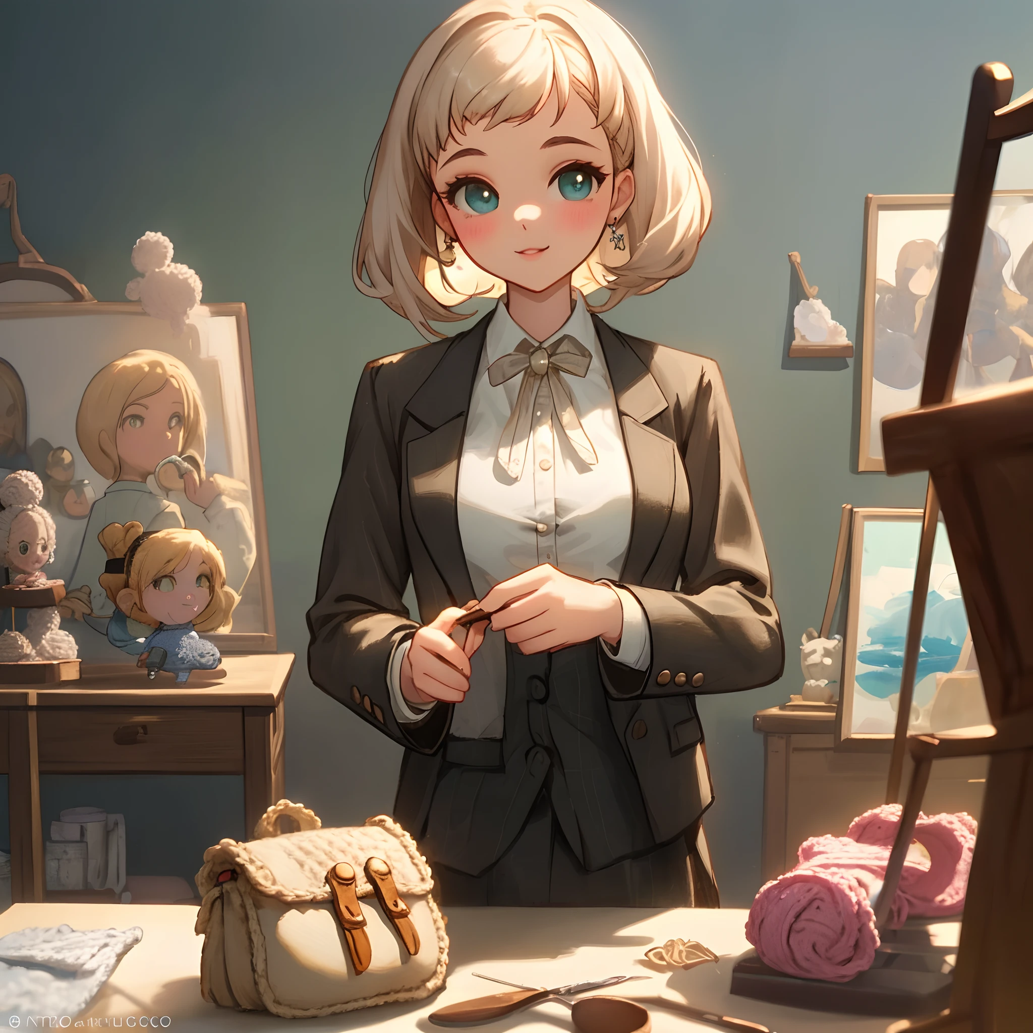 Por favor criar um personagem feminino da Disney Pixar com cabelos curtos cacheados de tom escuro, Making crochet purse holding a crochet hook in an art studio ,The character has no earrings, She is dressed in an elegant beige shirt and black blazer
