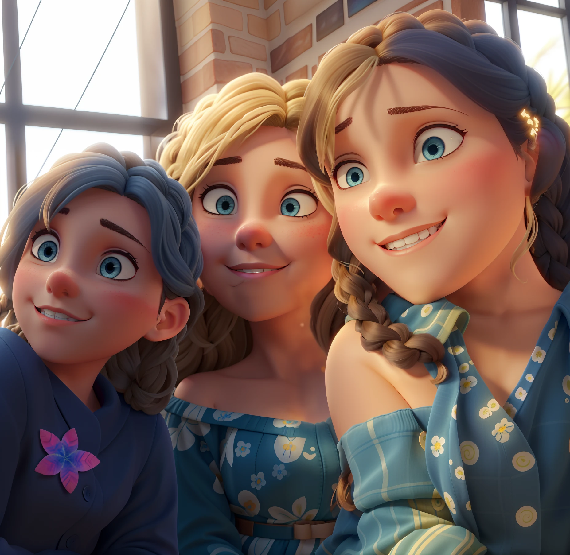 Two brunettes, one with braided hair on the right and a blonde with very blue eyes and very curly hair between the two stops in front, iluminado pela luz natural, contra o pano de fundo de uma janela com parede de blocos expostos.
