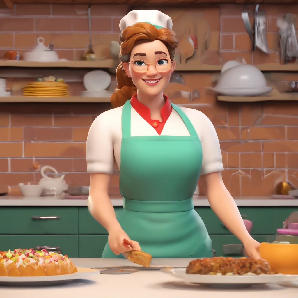 Crie uma cena de desenho animado estilo 3d -Pixar, Onde uma mulher, de cabelos lisos castanhos com 35 anos de idade, She's cooking dressed as a pastry chef.