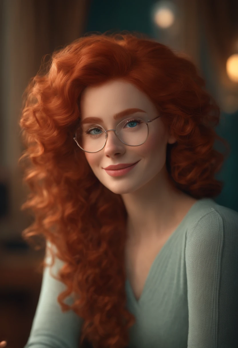 Pixar style image with 3D character white glasses redhead woman long curly hair, com sardas,, Maquiagem Disney,esteticista, adolable, sorridente ,Close-up, Pixar, Disney, Cinema lighting,