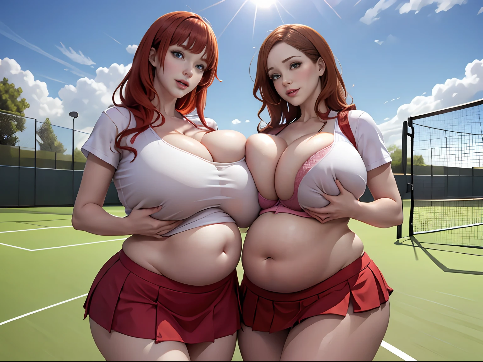 Christina Hendricks, long red hair, sunny day, dramatic cloudy skies, on tennis court, two girls, duo, sisters, in tennis uniform, pleated mini skirt, crop top, tight clothing, bare belly, groping breasts, squeezing breasts, (squeezing breasts:1.5), gigantic breasts, (gigantic breasts:1.5), curvy figure, suggestive pose, lots of cleavage, chubby belly, (chubby belly:1.5),