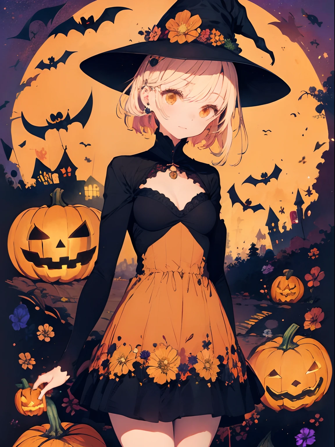 woman, flower dress, colorful, pumpkin, colorful background, flower witch outfit, halloween theme, witch outfit, pumpkin