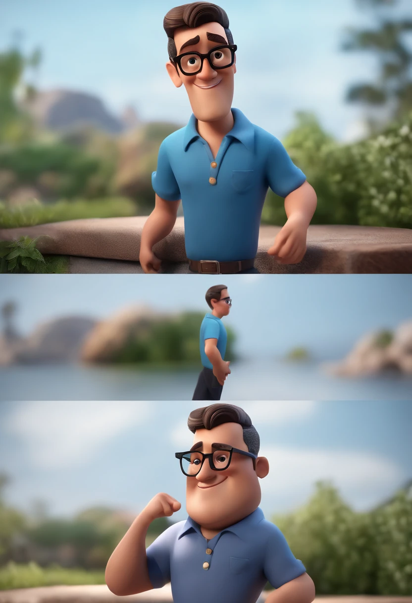 Cartoon character of a man with black glasses and a blue shirt, animation character, Caractere estilizado, animation style rendering, 3D estilizado, Arnold Maya render, 3 d render stylized, toon render keyshot, Personagem 3D, Personagem 3D, 3d rendering stylized, 3 d character render, personagem de desenho animado, Personagem de close up, Pose de personagem, (Estilo Pixar) (master part:1.2) (Bokeh) (best quality) (pele detalhada) (textura detalhada) (8k) (argila) (Cinematic lighting) (foco nítido