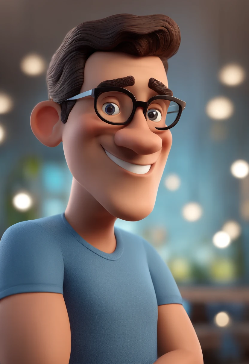 Cartoon character of a man with black glasses and a blue shirt, animation character, Caractere estilizado, animation style rendering, 3D estilizado, Arnold Maya render, 3 d render stylized, toon render keyshot, Personagem 3D, Personagem 3D, 3d rendering stylized, 3 d character render, personagem de desenho animado, Personagem de close up, Pose de personagem, (Estilo Pixar) (master part:1.2) (Bokeh) (best quality) (pele detalhada) (textura detalhada) (8k) (argila) (Cinematic lighting) (foco nítido