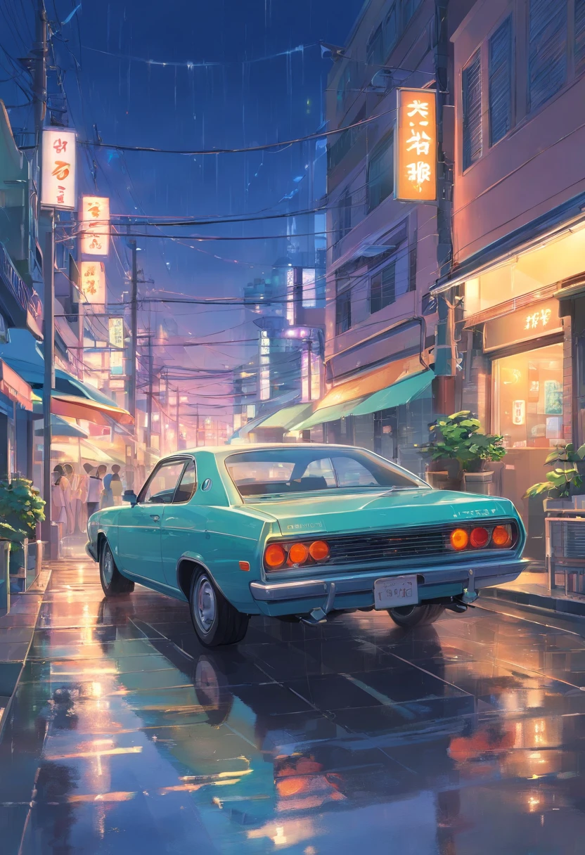 Summer nights, falta de energia, luzes de paisagem apagadas, cars powered by mobile engines, chuva, estilo Studio ghibli