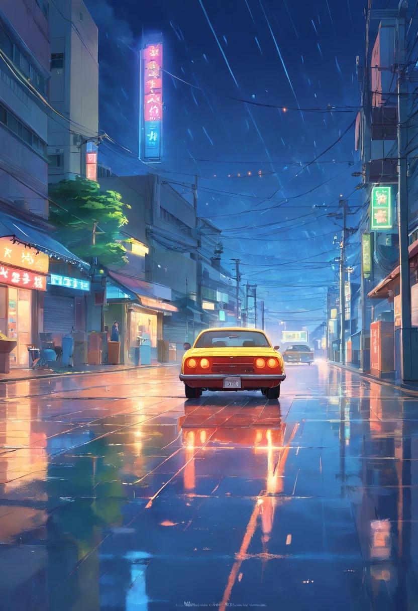 Summer nights, falta de energia, luzes de paisagem apagadas, cars powered by mobile engines, chuva, estilo Studio ghibli